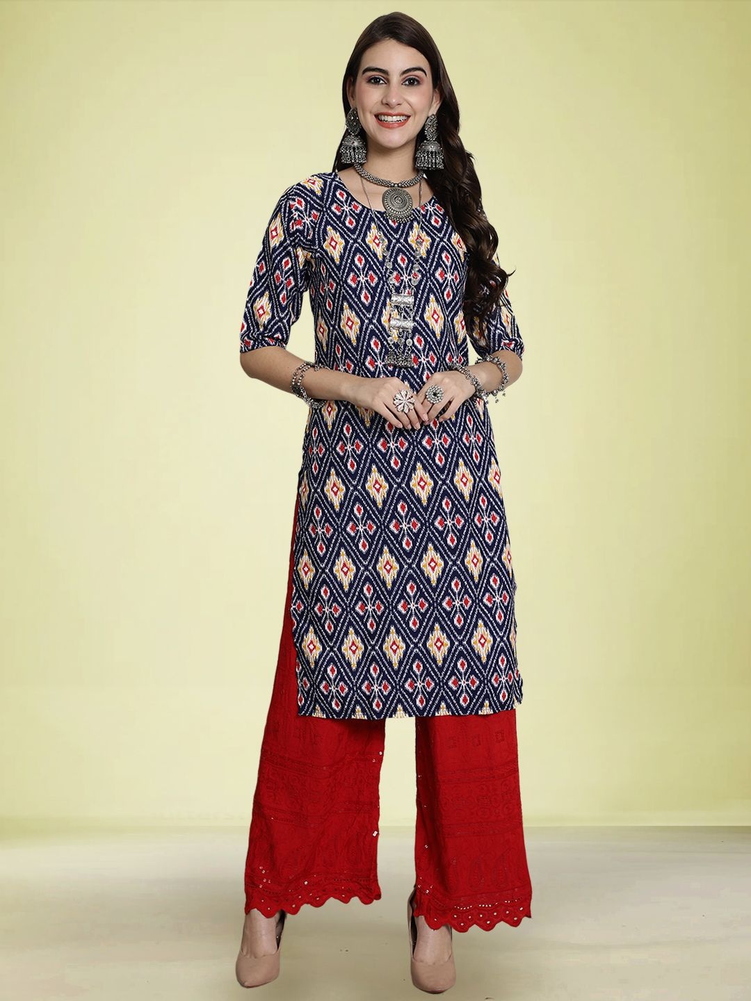 

Moda Rapido Ethnic Motifs Printed Round Neck Straight Kurta, Navy blue