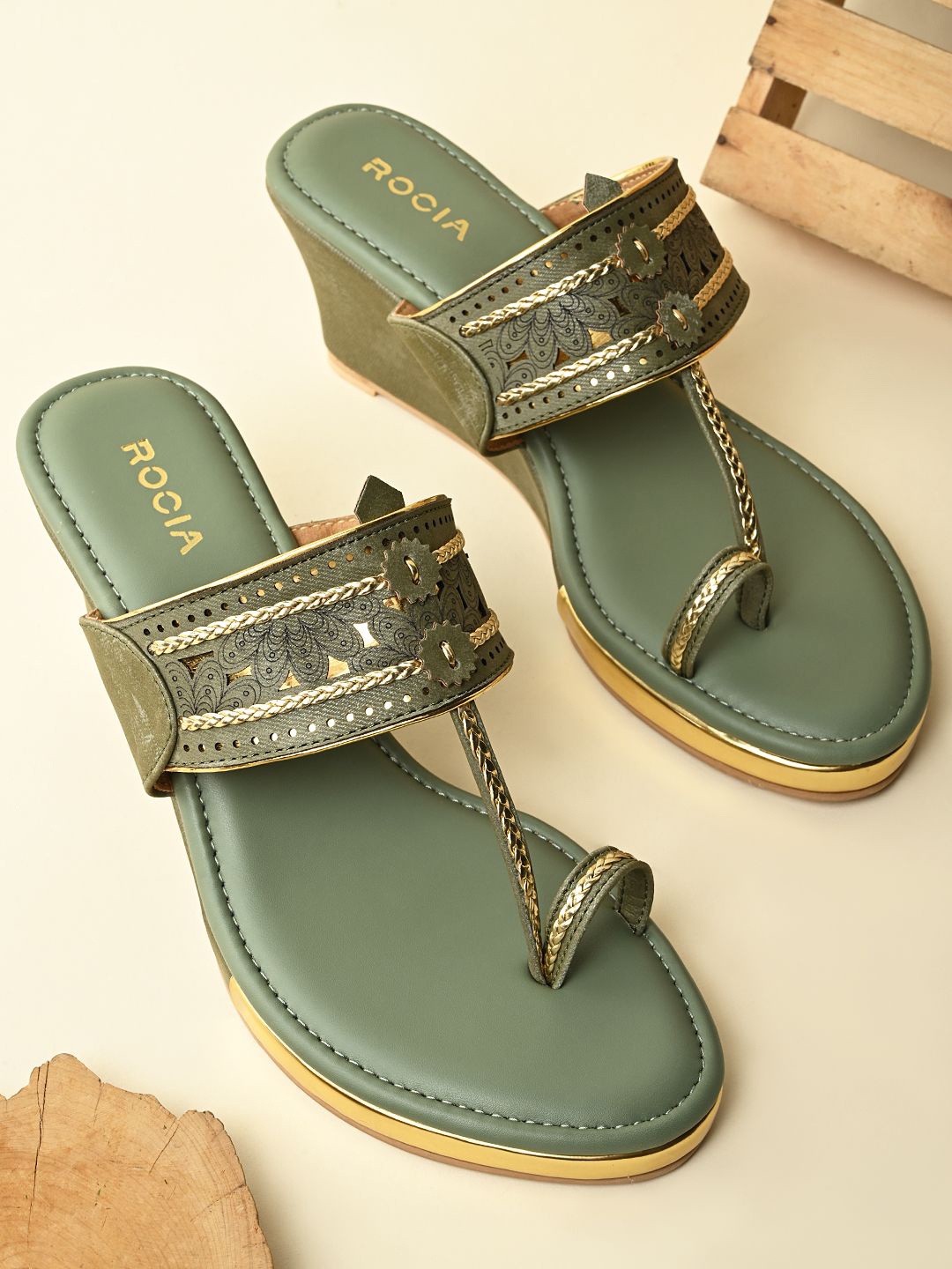 

Rocia Women Woven Design Open Toe Wedge Sandals, Green