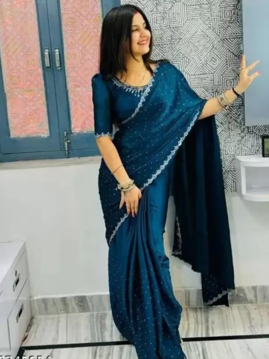 

KALINI Beads and Stones Pure Georgette Saree, Blue