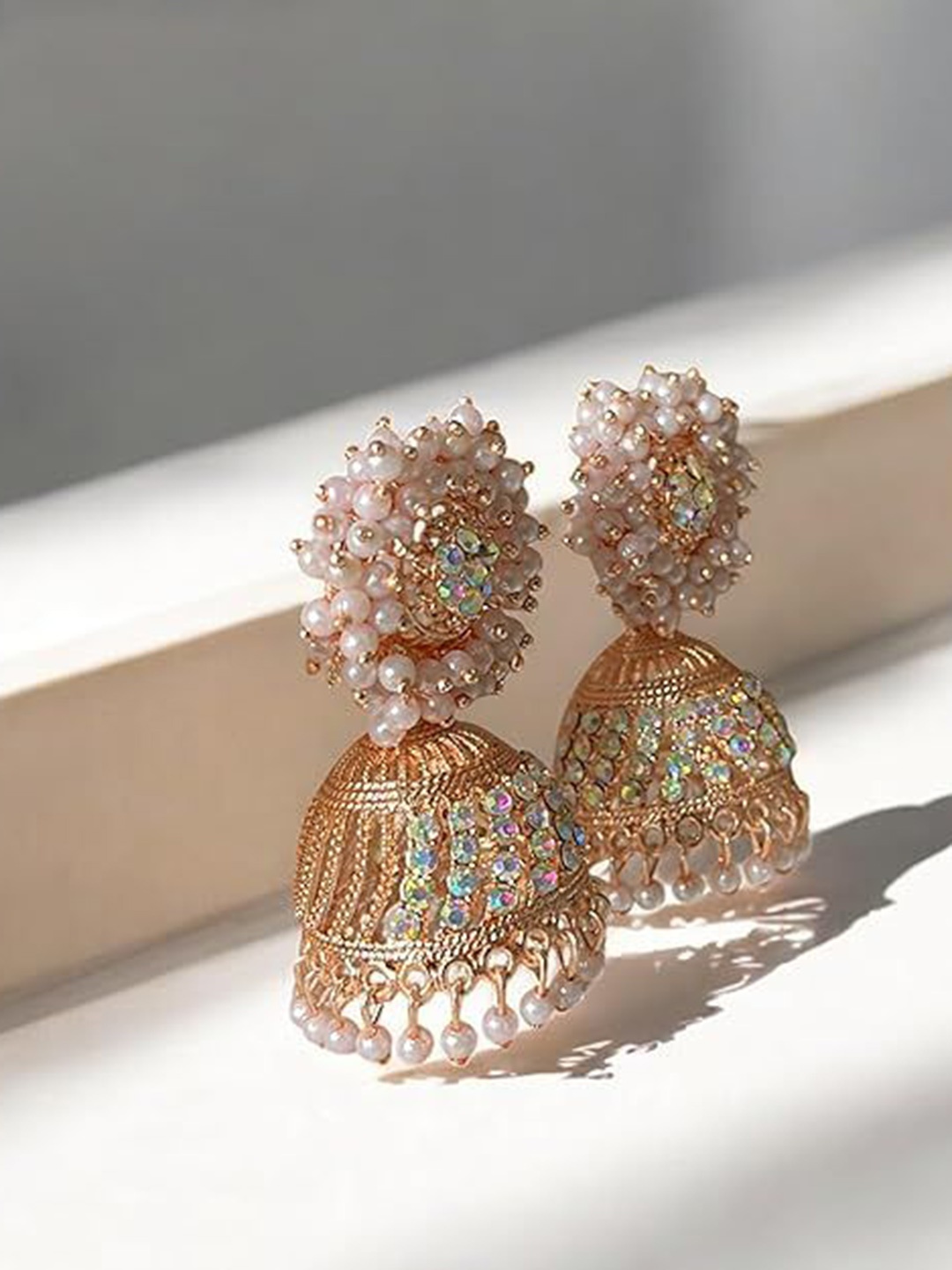 

JMBW INTERNATIONAL 925 Sterling Silver Plated Artificial Beaded Dome Shaped Jhumkas, Gold