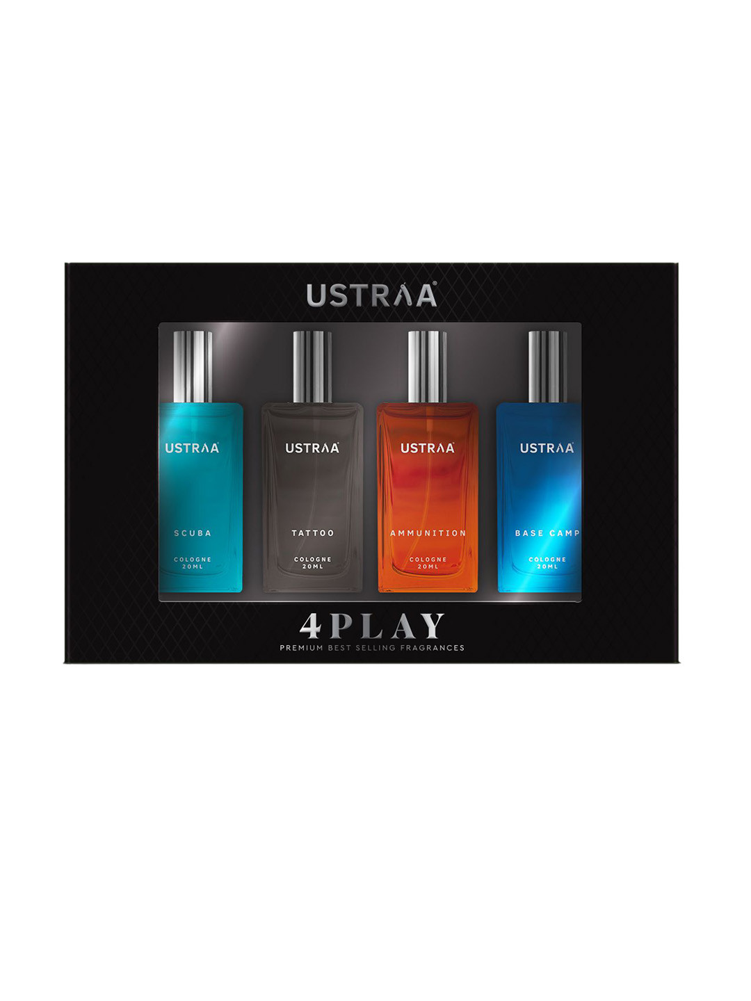 

Ustraa Men Cologne Miniature Gift Pack - Tattoo, Basecamp, Scuba & Ammunition - 20 ml Each, Multi