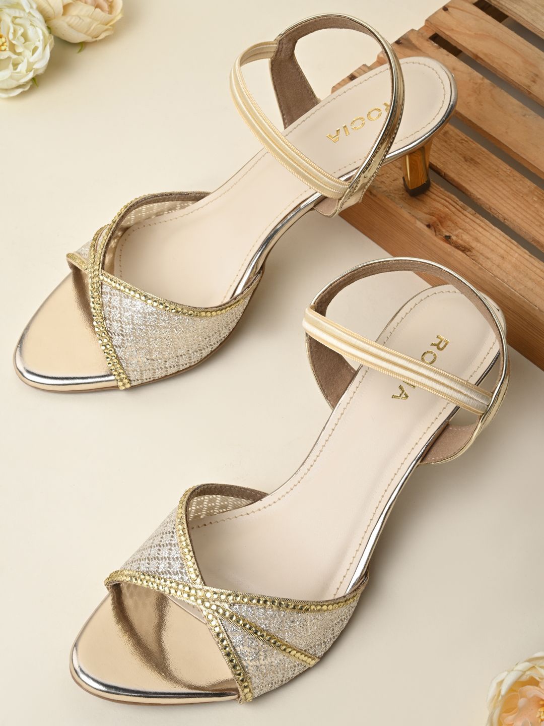 

Rocia Embellished Slim Heel Sandals, Gold