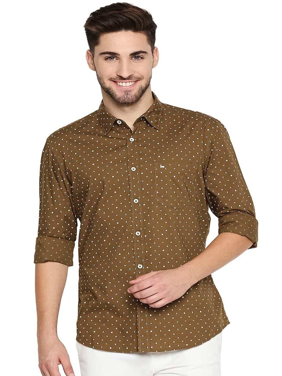 

Basics Men Slim Fit Spread Collar Micro Ditsy Printed Cotton Casual Shirt, Brown