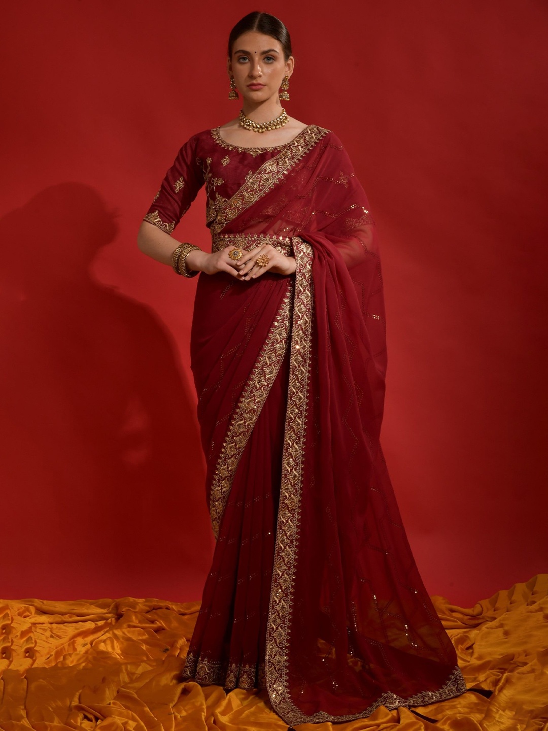 

LeeliPeeri Designer Solid Embroidered Sequinned Pure Georgette Saree, Red