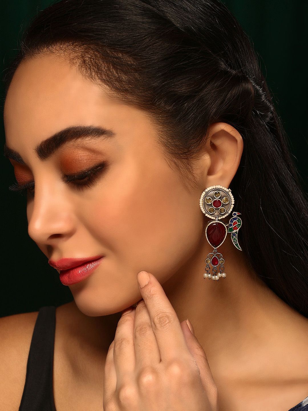 

Priyaasi Silver-Plated Faux Ruby Studded Oxidised Contemporary Drop Earrings, Red