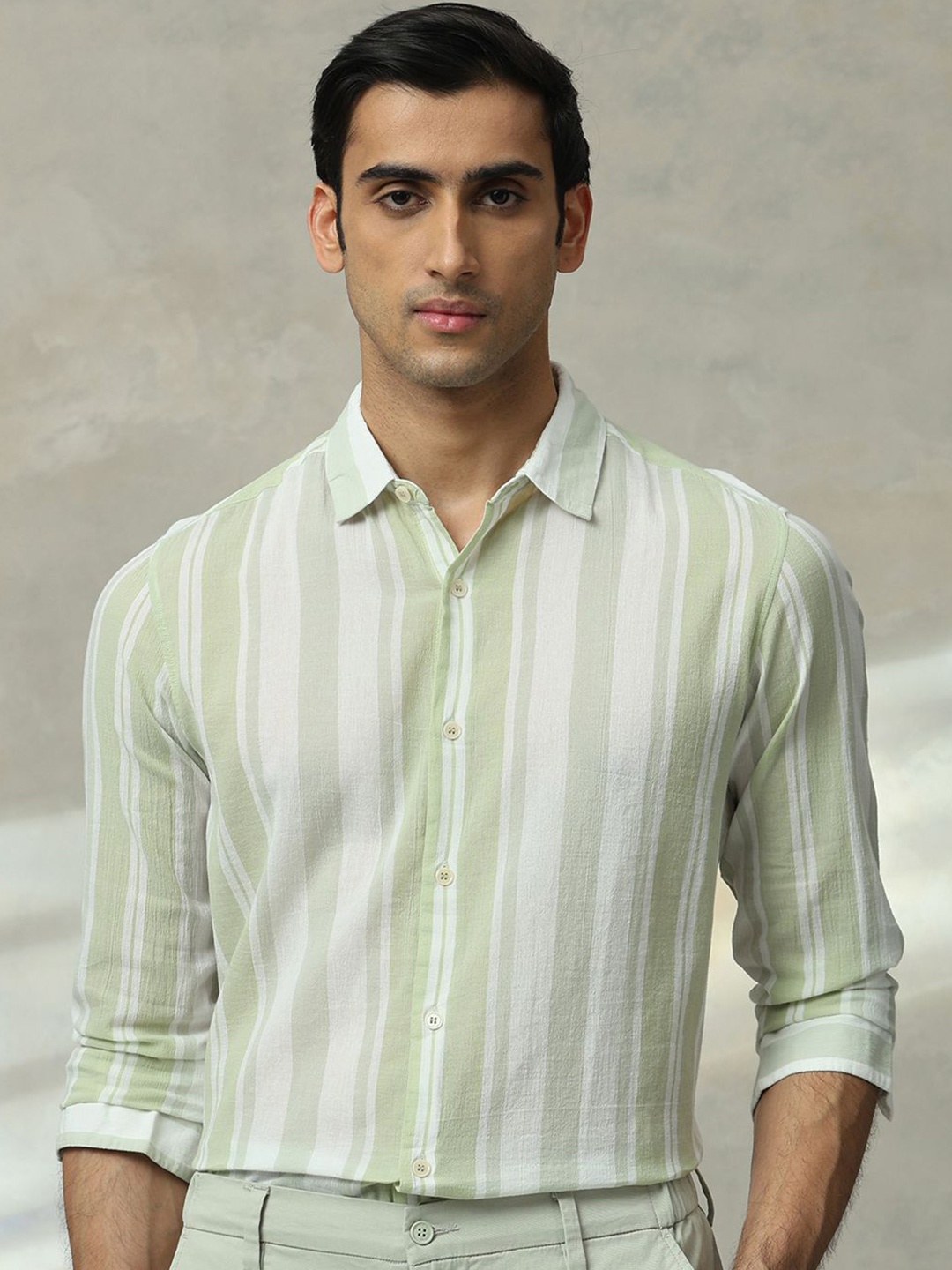 

Mufti Men Slim Fit Spread Collar Vertical Striped Cotton Casual Shirt, Green