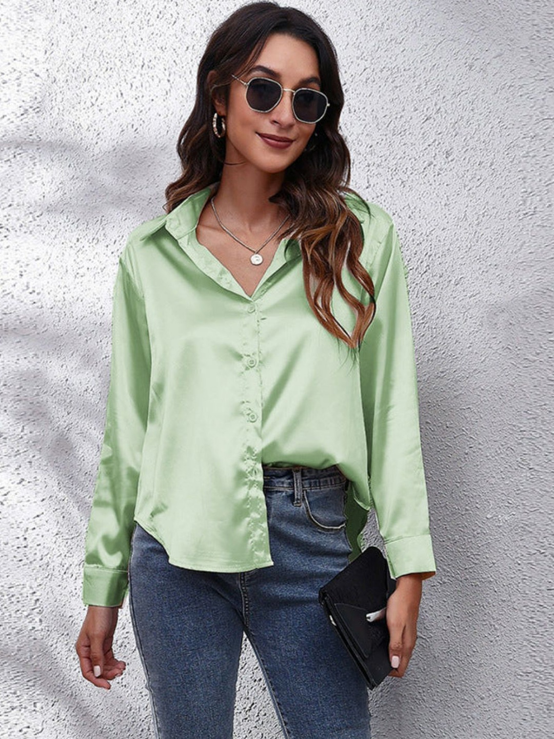 

Oh Rare Women Relaxed Fit Spread Collar Solid Casual Shirt, Green