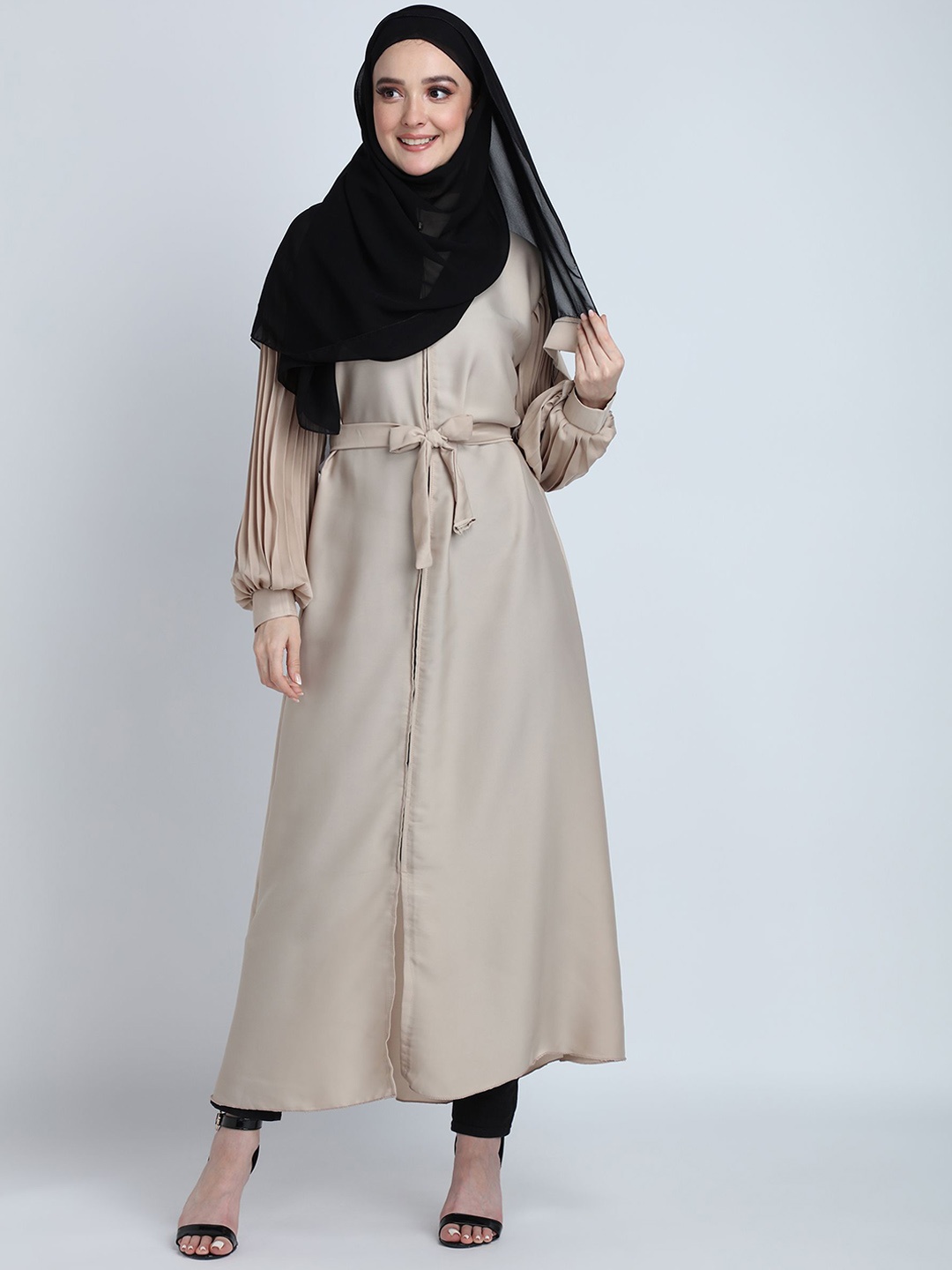 

BROKE BRAND Pleated Sleeves Burqa With Scarf, Nude