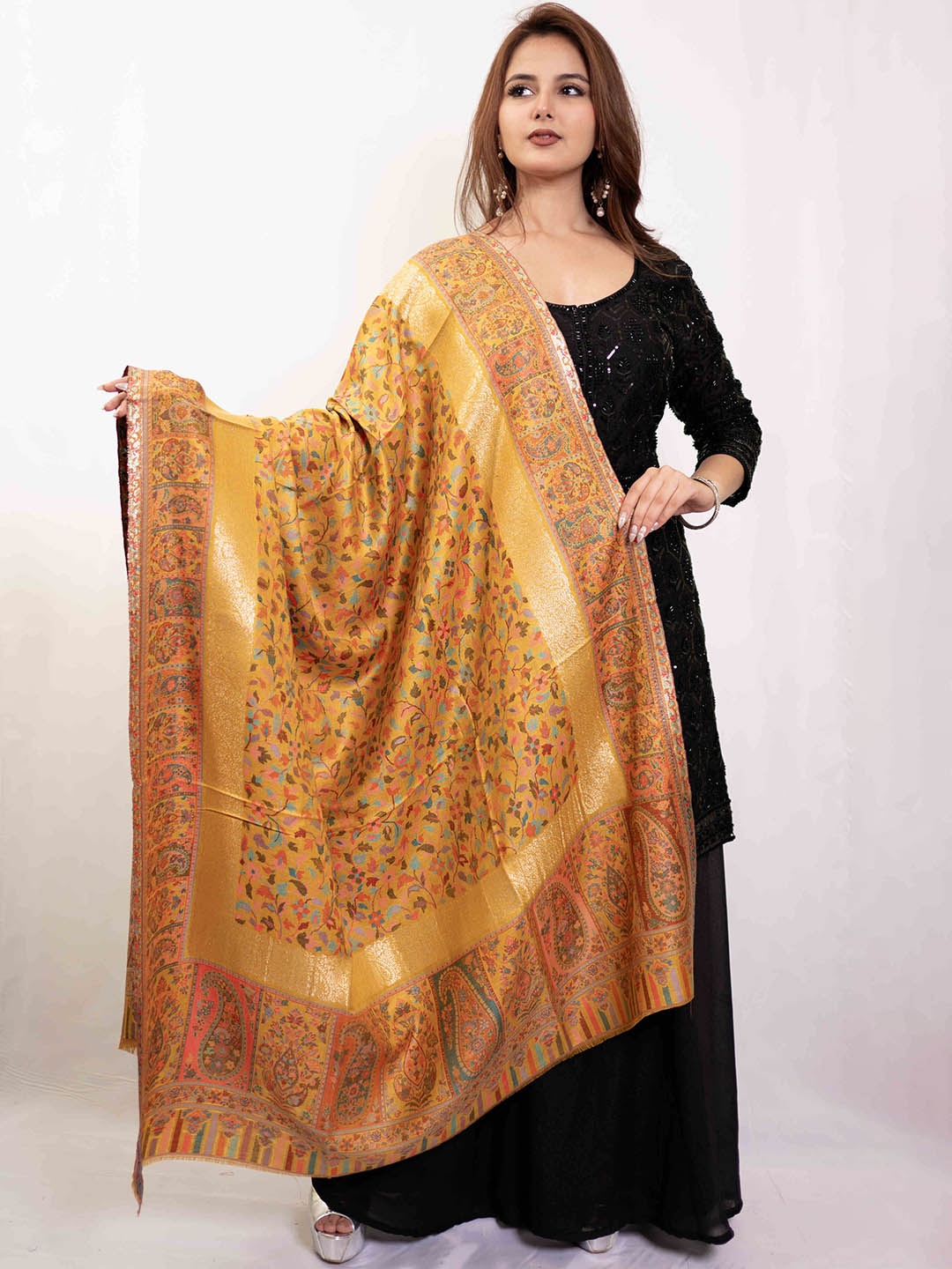 

PASHGIRI Floral Woven Design Pure Woollen Shawl, Mustard
