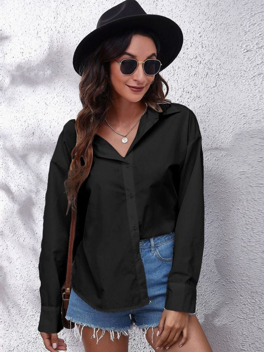 

Oh Rare Women Relaxed Fit Spread Collar Solid Casual Shirt, Black