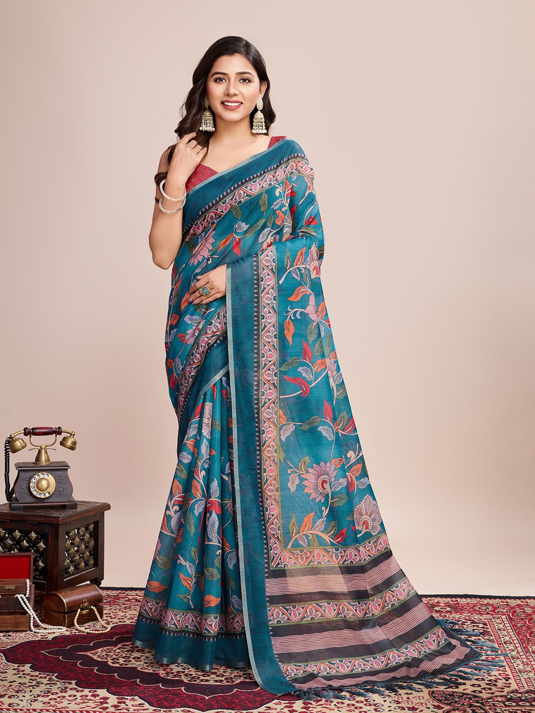

VARNI FABRICS Floral Printed Zari Pure Cotton Saree, Turquoise blue