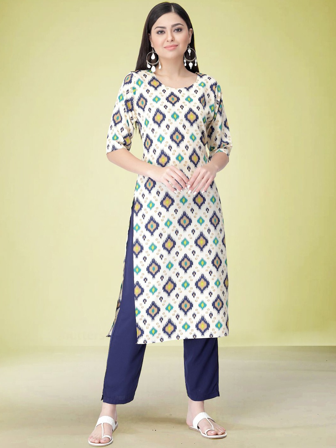 

Moda Rapido Ethnic Motifs Printed Round Neck Straight Kurta with Trouser, White