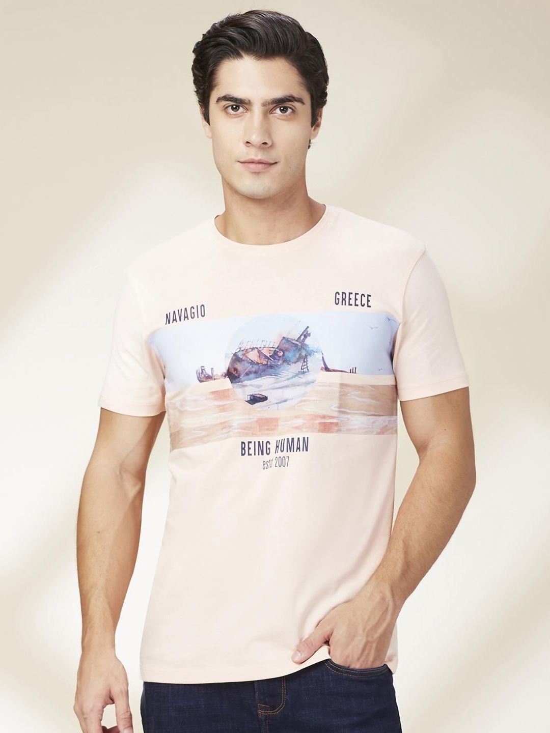 

Being Human Men Graphic Printed Round Neck Cotton Slim Fit T-shirt, Cream