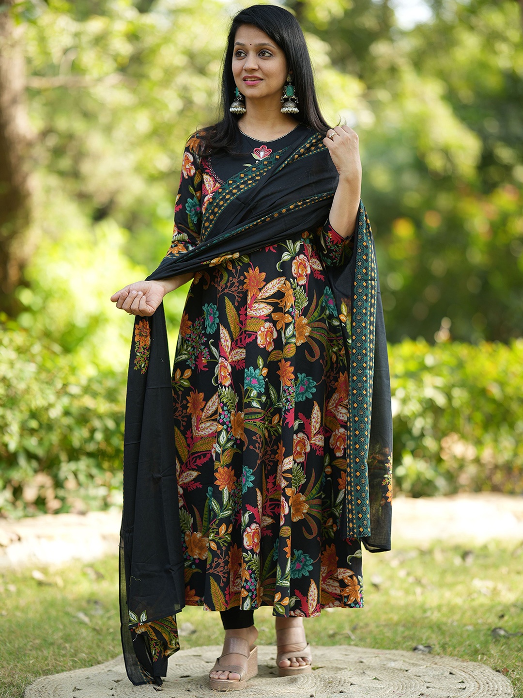 

Dholkee Floral Embroidered Pure Cotton Anarkali Kurta With Salwar & Dupatta, Black