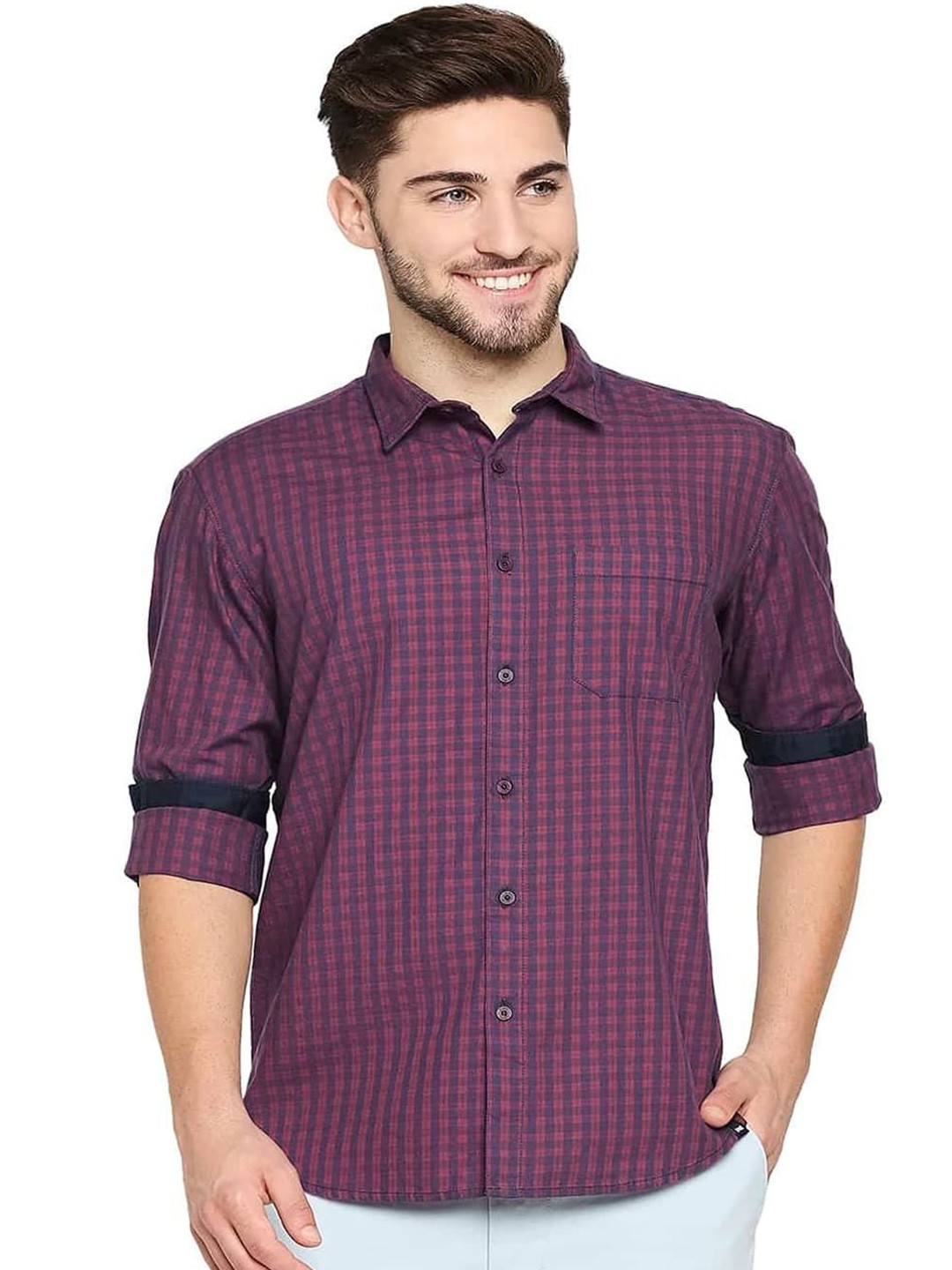 

Basics Men Slim Fit Spread Collar Gingham Checked Cotton Casual Shirt, Red