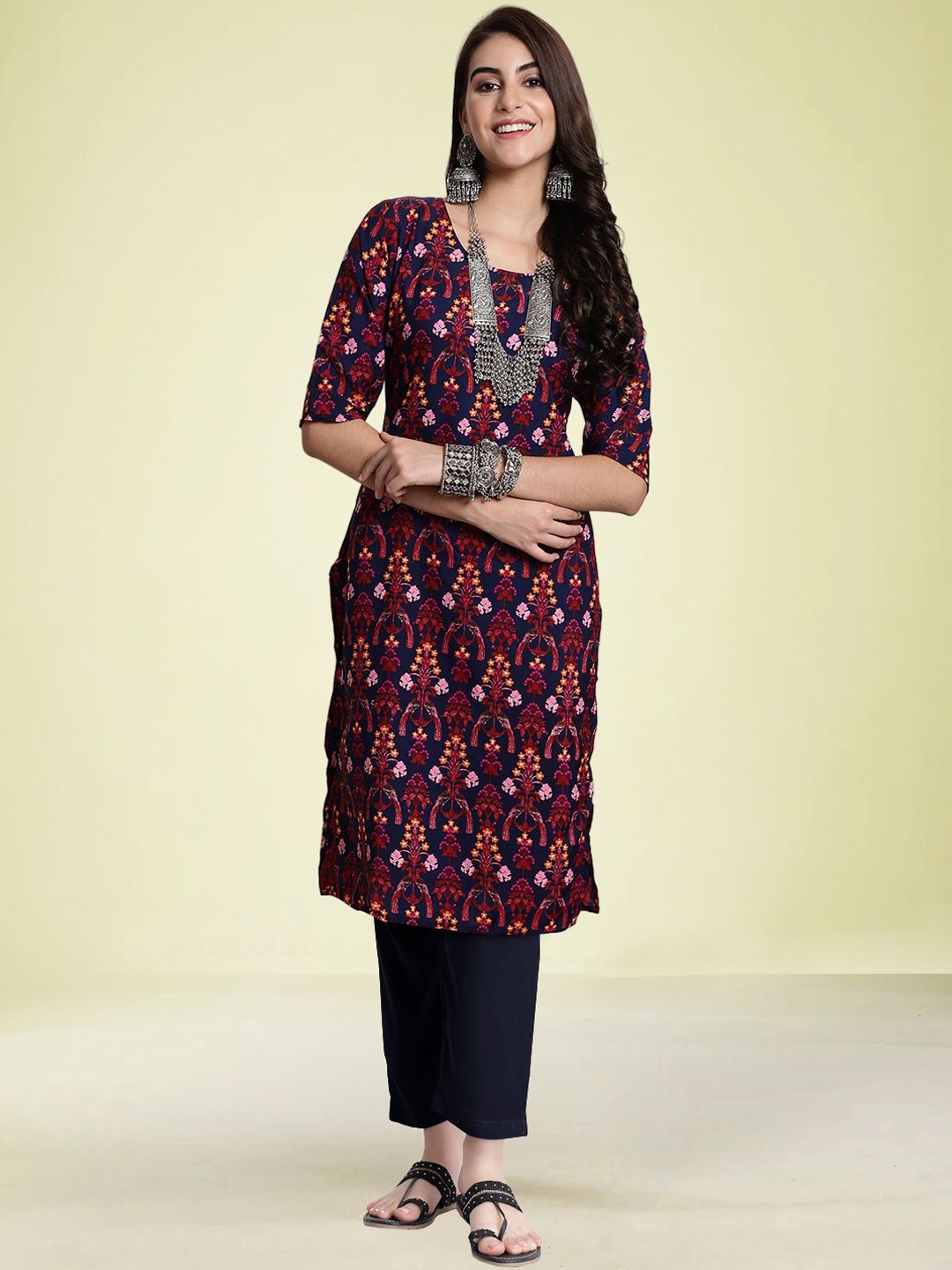 

Moda Rapido Ethnic Motifs Printed Round Neck Straight Kurta with Trouser, Navy blue