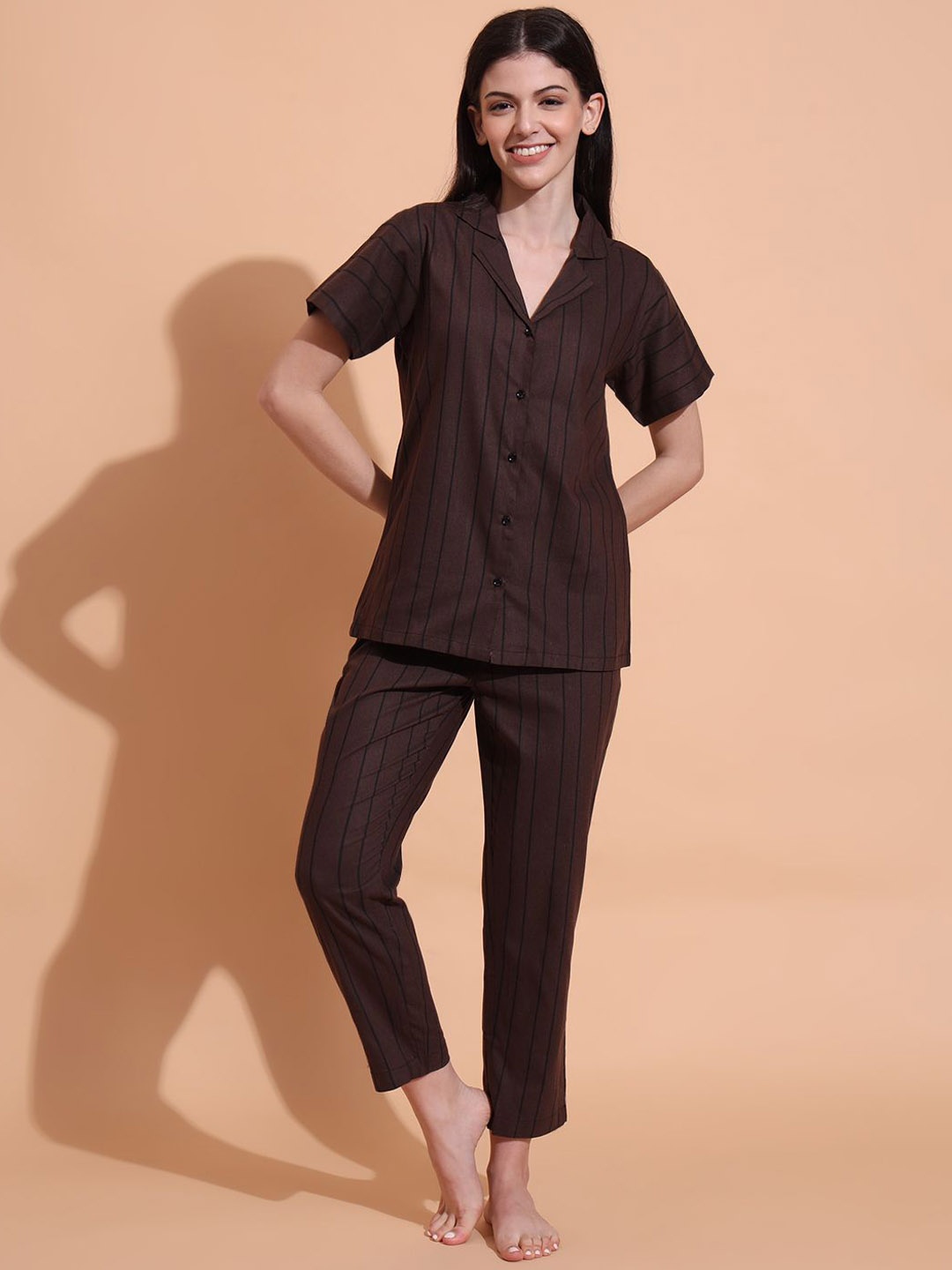 

Fbella Women Striped Pure Cotton Night suit, Brown