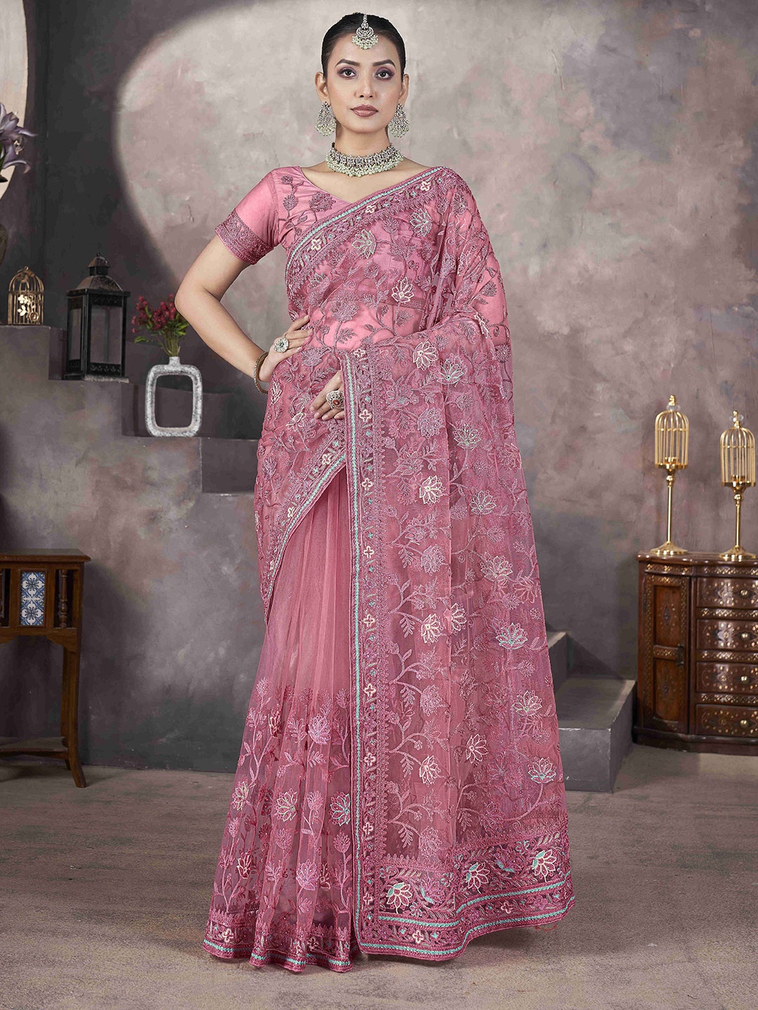 

Munir Floral Beads and Stones Net Designer Saree, Pink