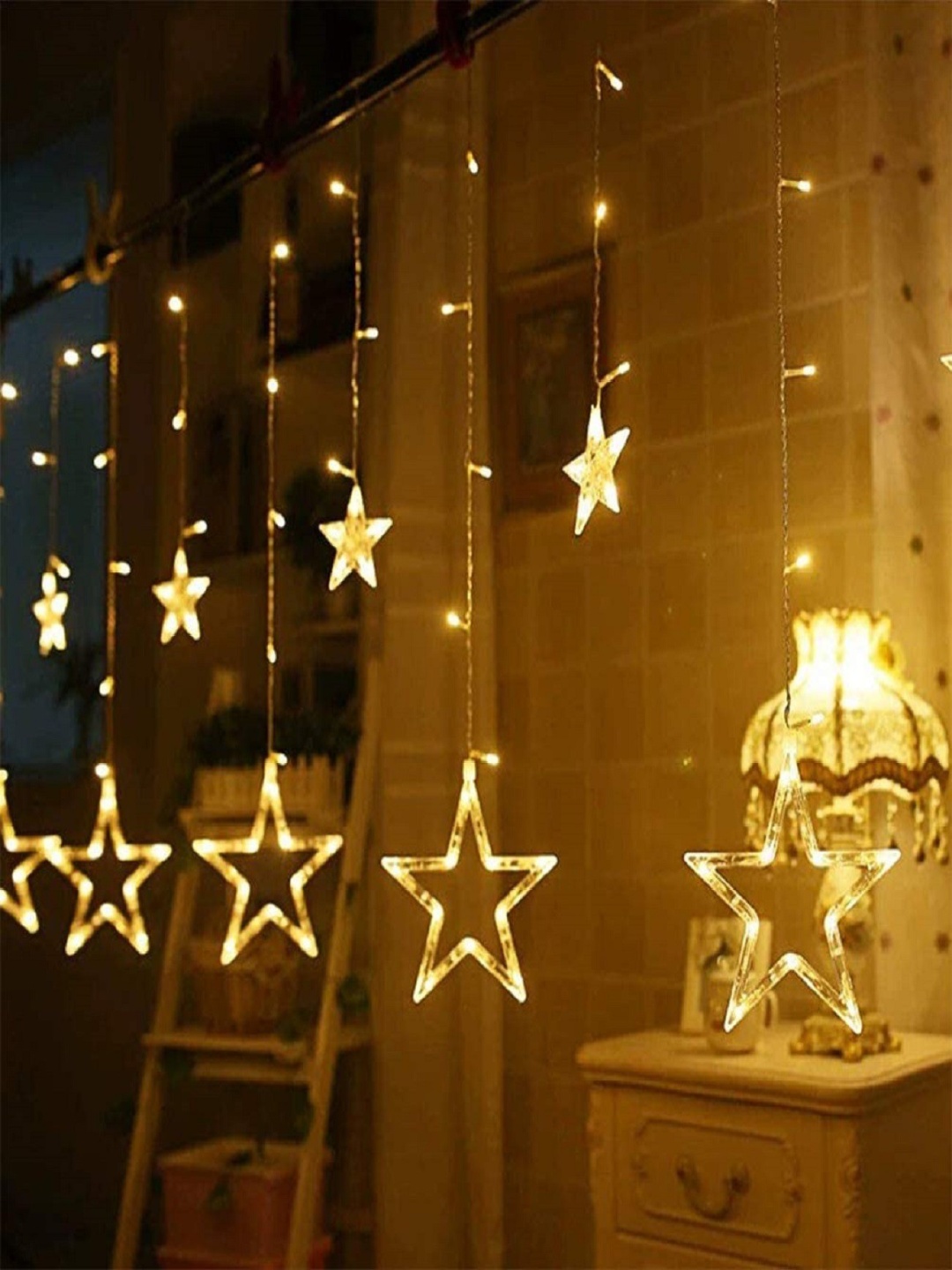 

SPARK WORLD Yellow Star Shape LED Curtain Fairy String Lights