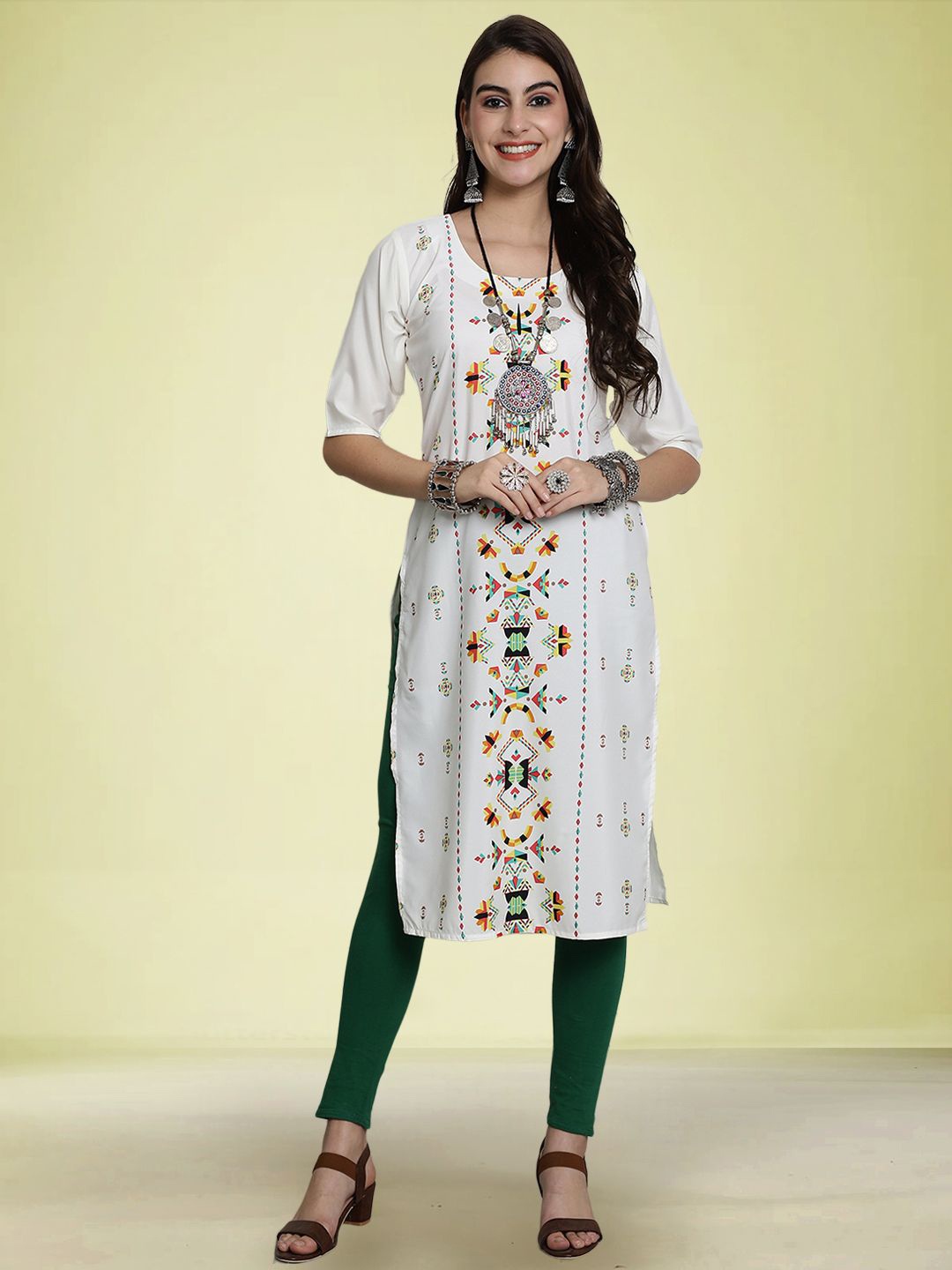 

Moda Rapido Ethnic Motifs Printed Round Neck Straight Kurta, White