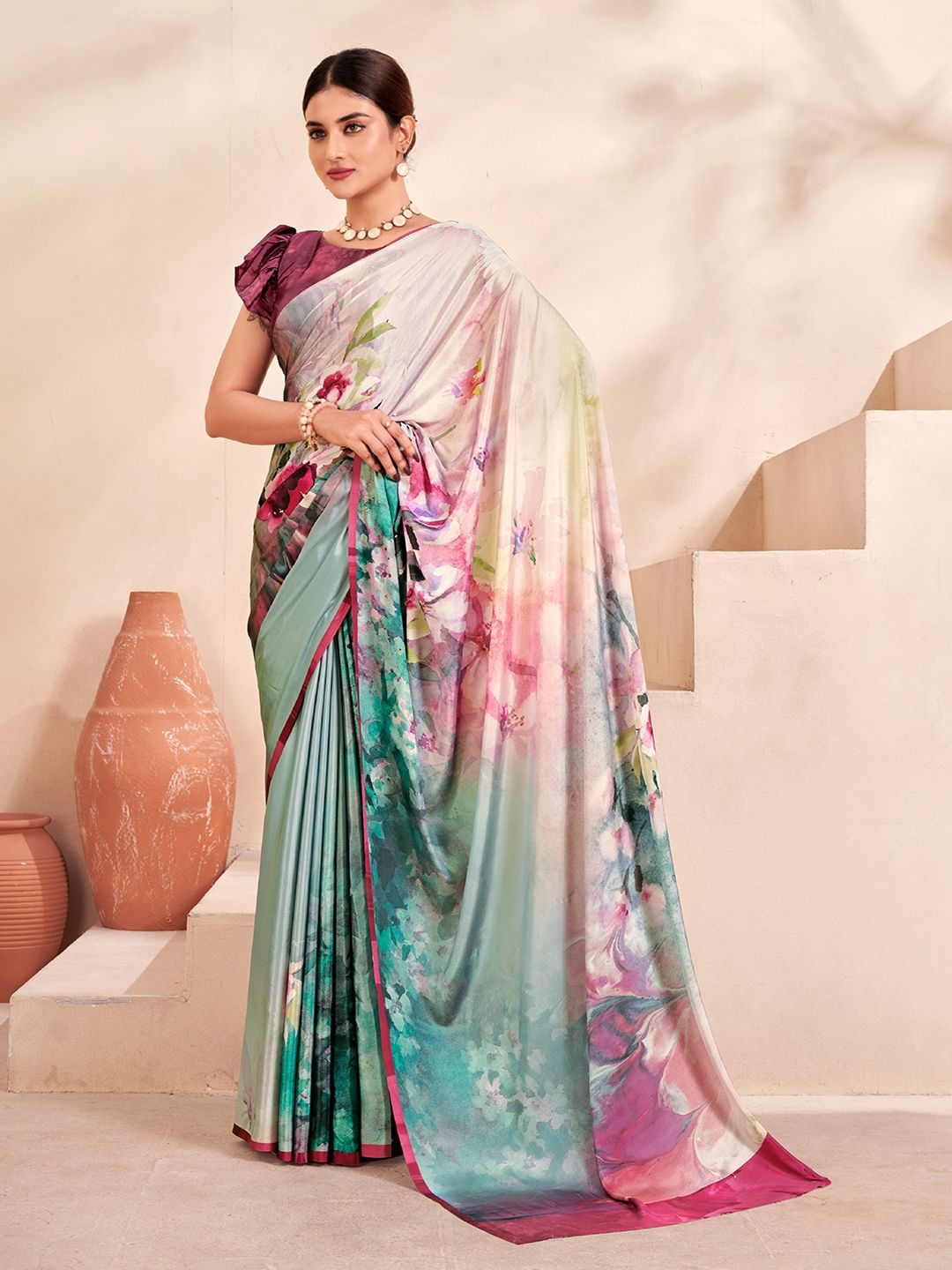 

Krimmple Floral Printed Mysore Silk Saree, Pink