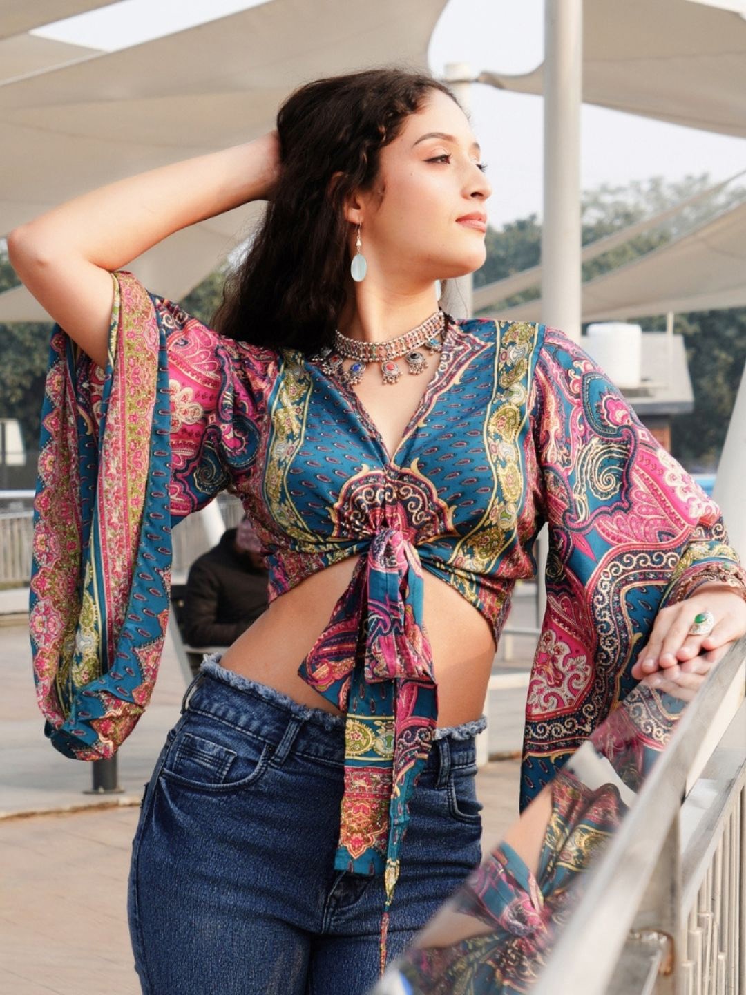 

Boholyfe Tropical Print Kimono Sleeve Bohemian Wrap Crop Top, Teal