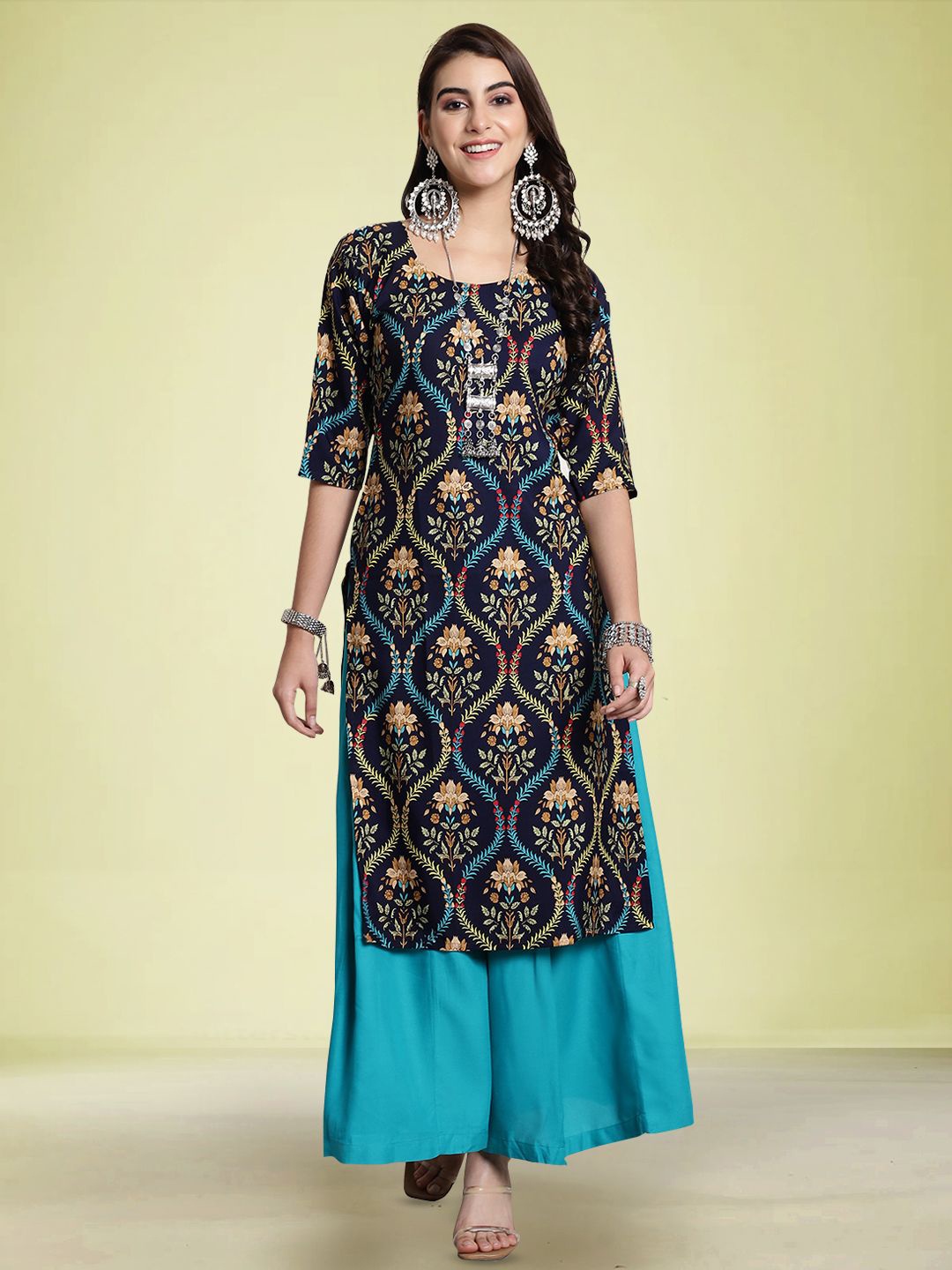 

Moda Rapido Floral Printed Round Neck Straight Kurta, Navy blue
