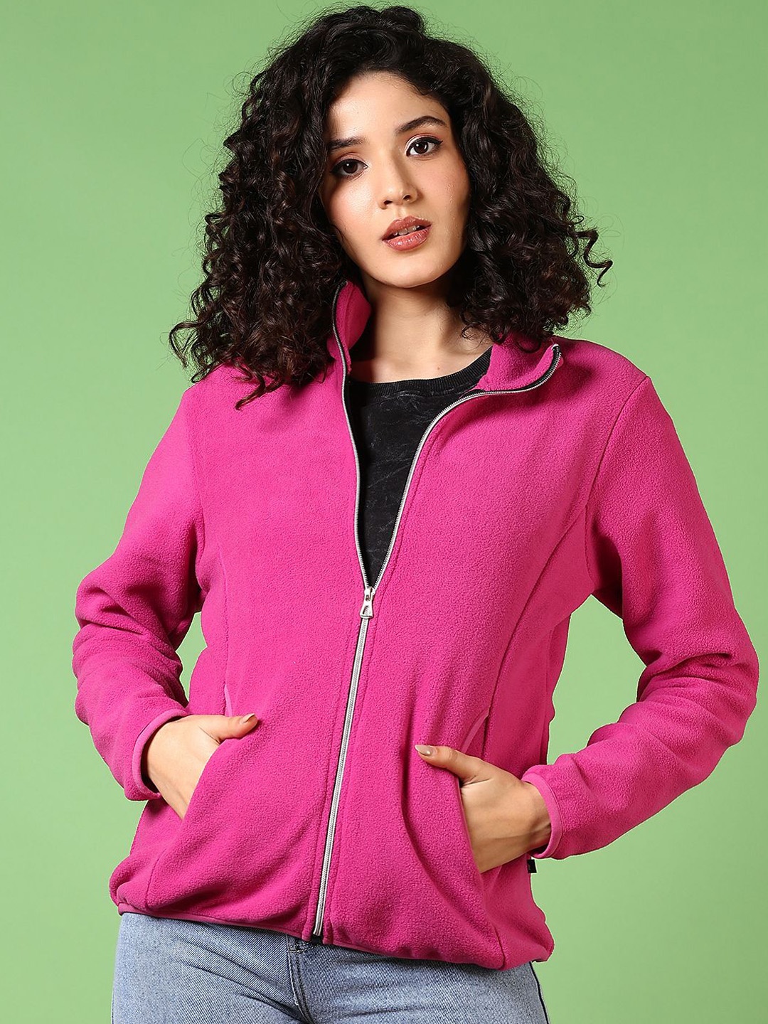 

V-Mart Women Mock Collar Solid Cotton Casual Bomber Jacket, Fuchsia