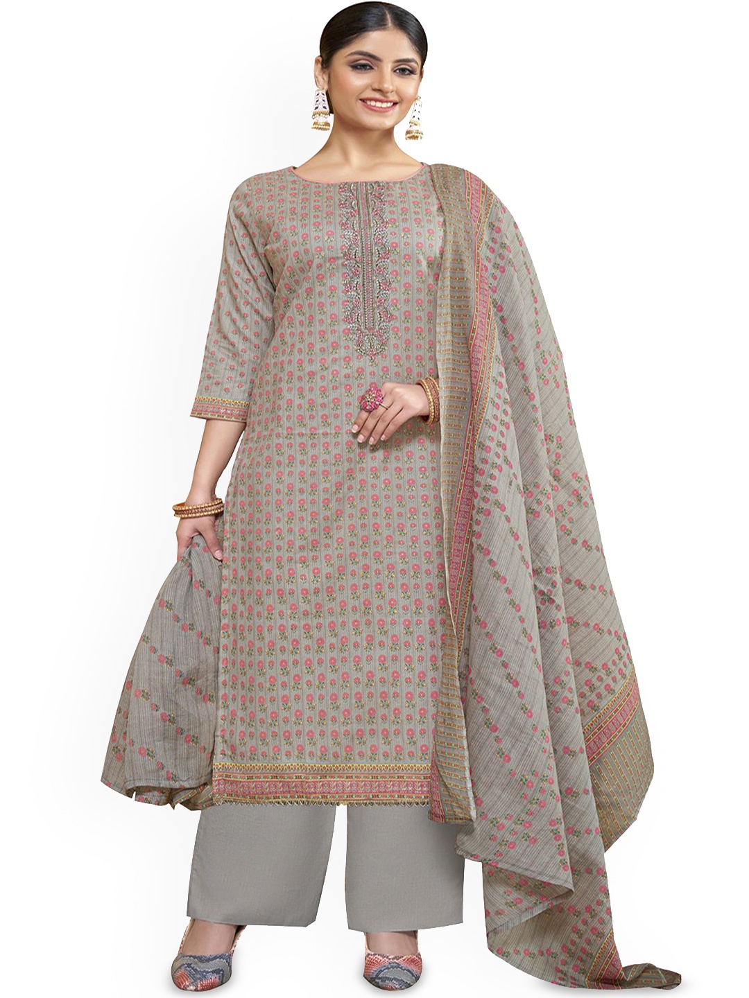 

DRAVINAM Trends Embroidered Pure Cotton Unstitched Dress Material, Grey