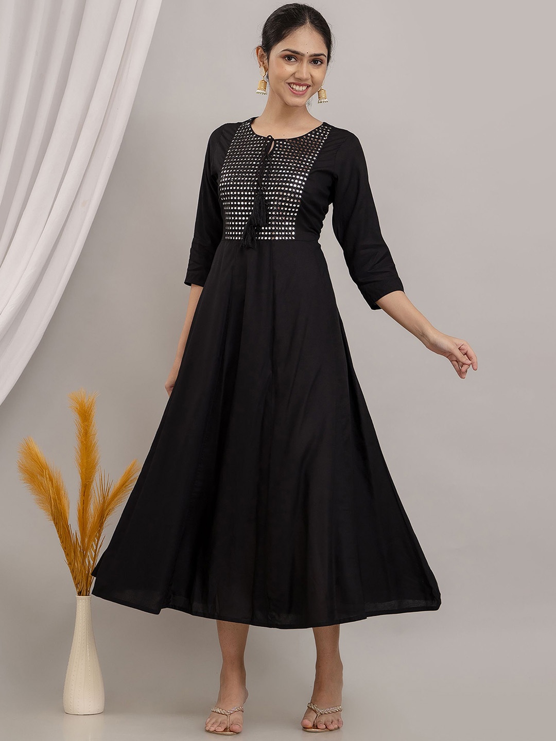 

KARAGRE Tie-Up Neck Mirror Work Fit And Flare Dress, Black