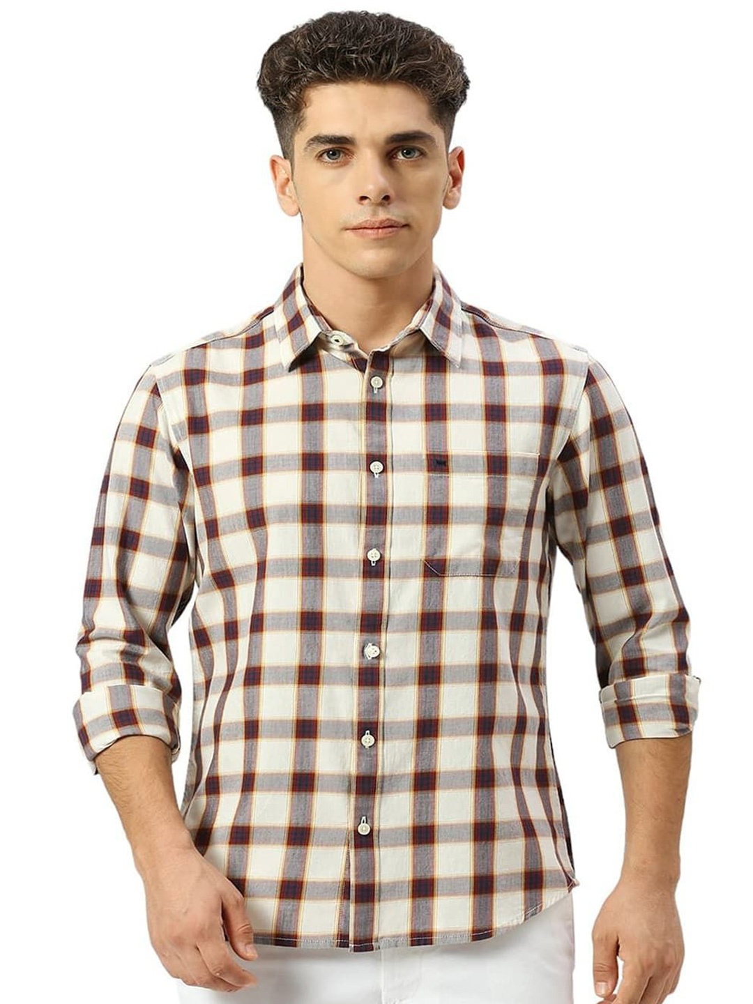 

Basics Men Slim Fit Spread Collar Buffalo Checked Cotton Casual Shirt, Cream