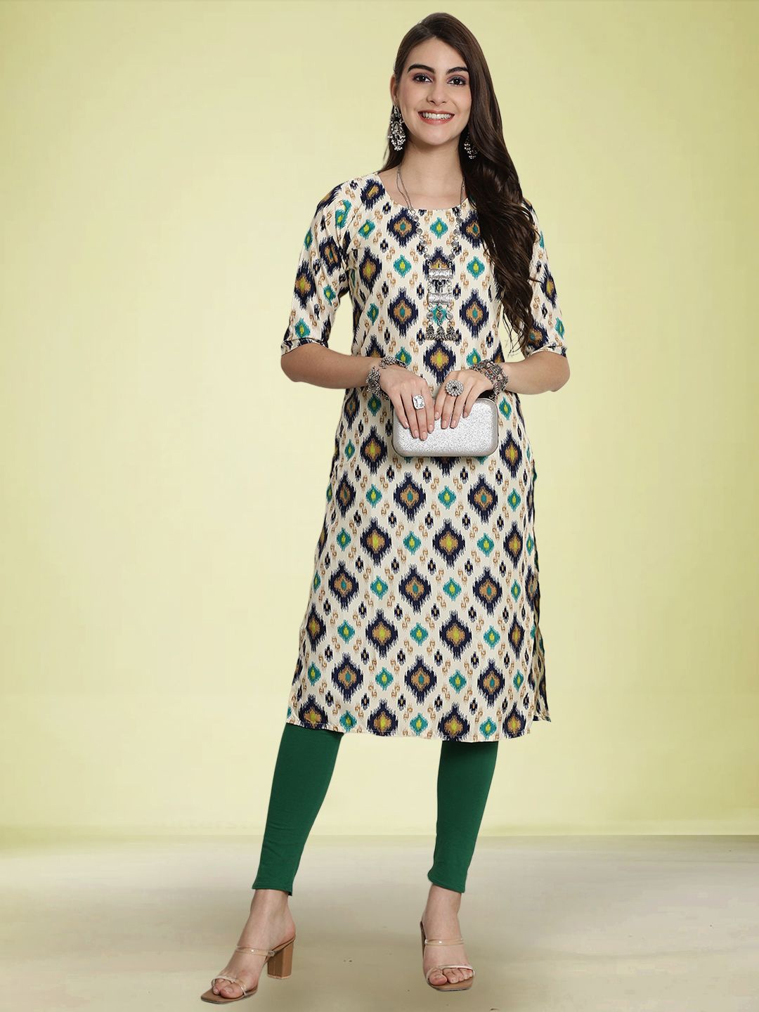 

Moda Rapido Ethnic Motifs Printed Round Neck Straight Kurta, Cream