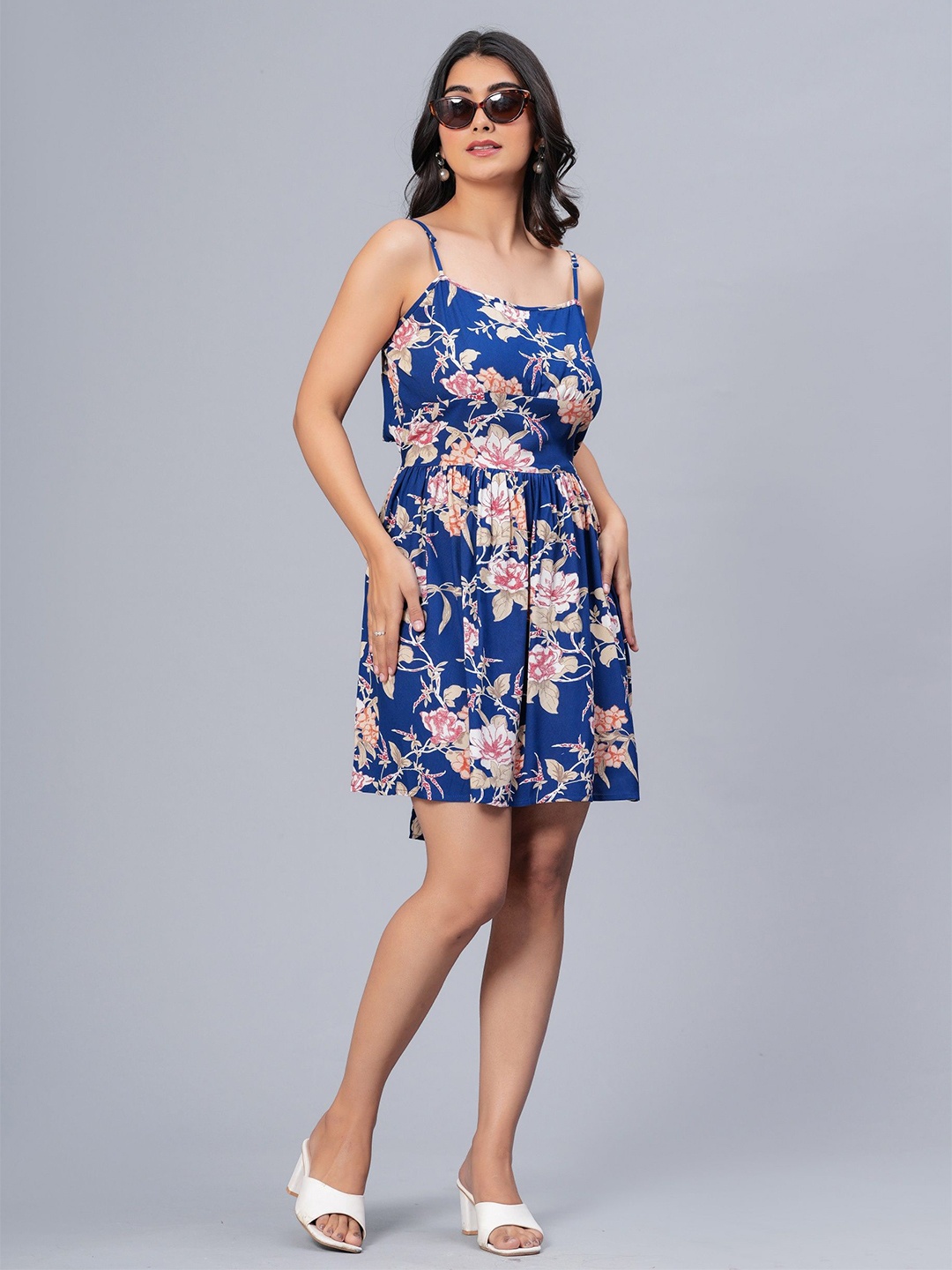 

DAMMODE Women Floral Print Fit & Flare Dress, Blue