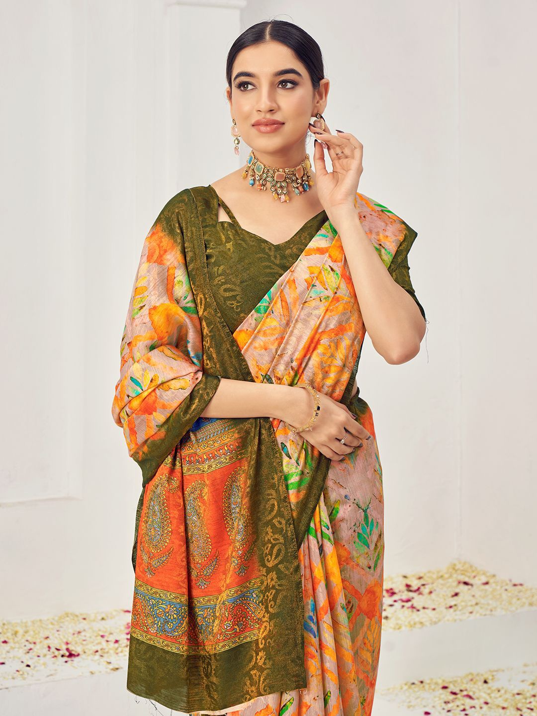 

Krimmple Ethnic Motifs Printed Pure Silk Saree, Orange