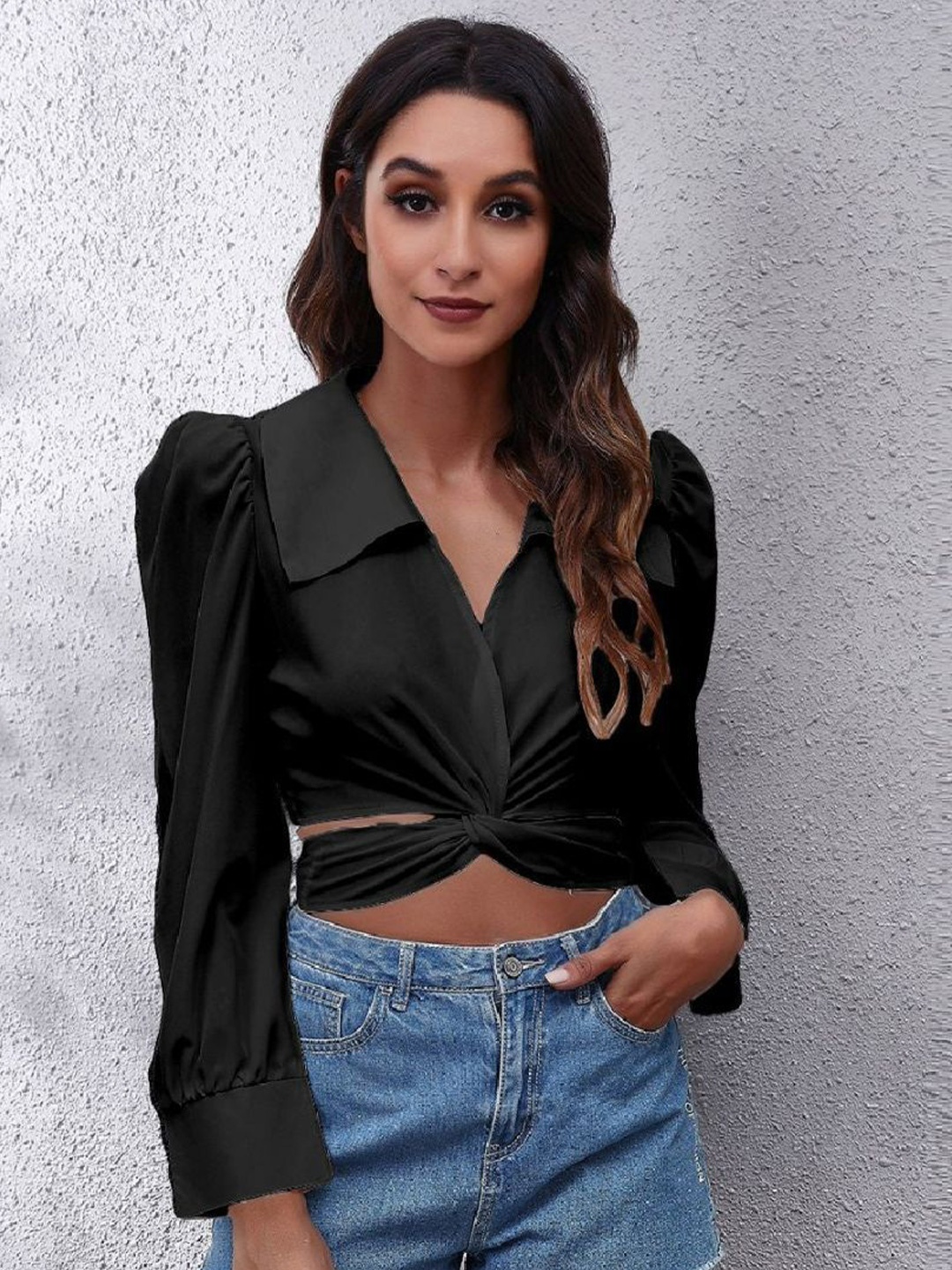 

Oh Rare Women Solid Shirt Style Crop Casual Top, Black