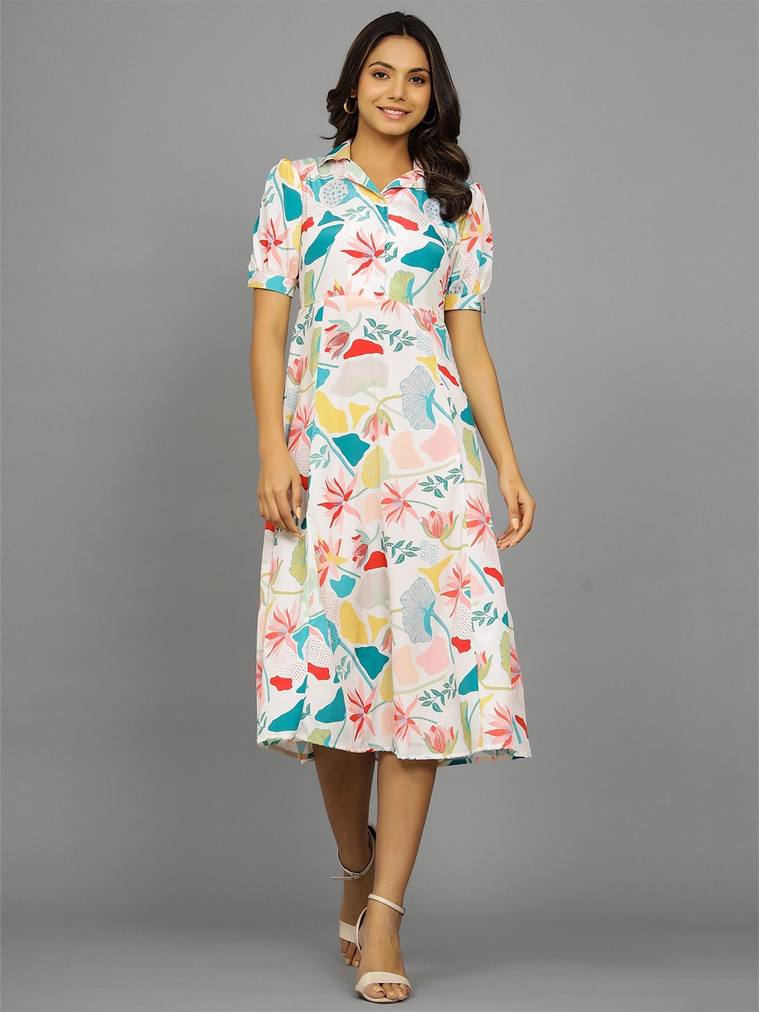 

HANDICRAFT PALACE Floral Print Puff Sleeve Fit and Flare Midi Dress, White