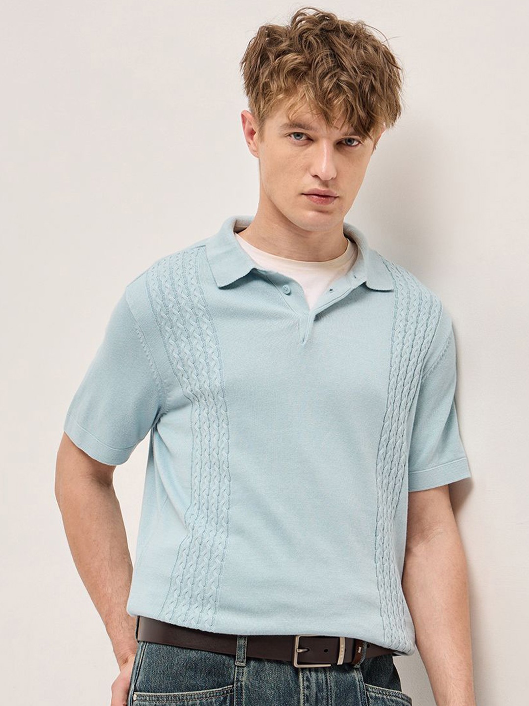 

THE BEAR HOUSE Men Self Design Polo Collar Cotton Slim Fit T-shirt, Blue