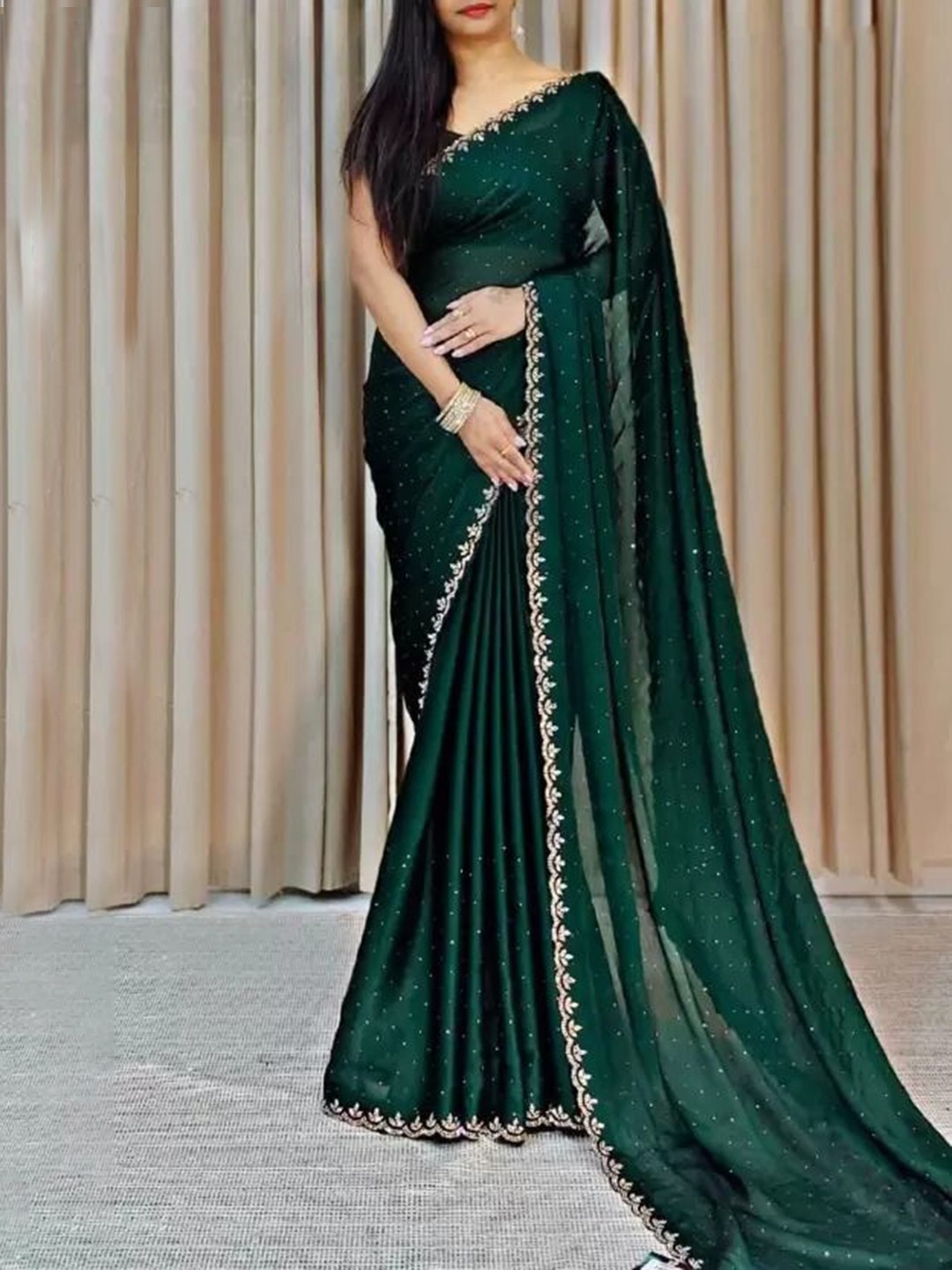

KALINI Embellished Beads and Stones Pure Georgette Saree, Green