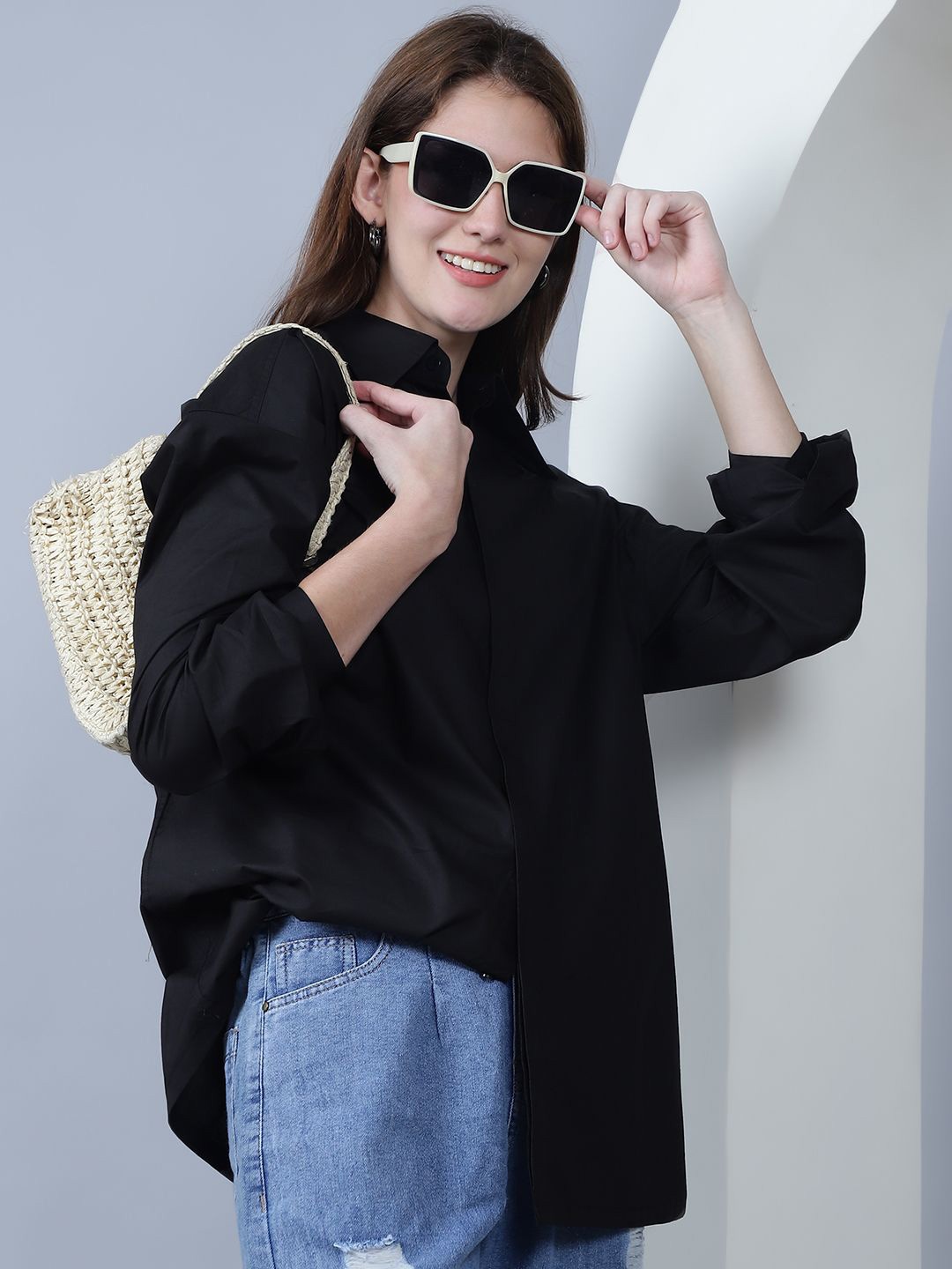 

DOOR74 Women New Oversized Fit Spread Collar Solid Cotton Casual Shirt, Black