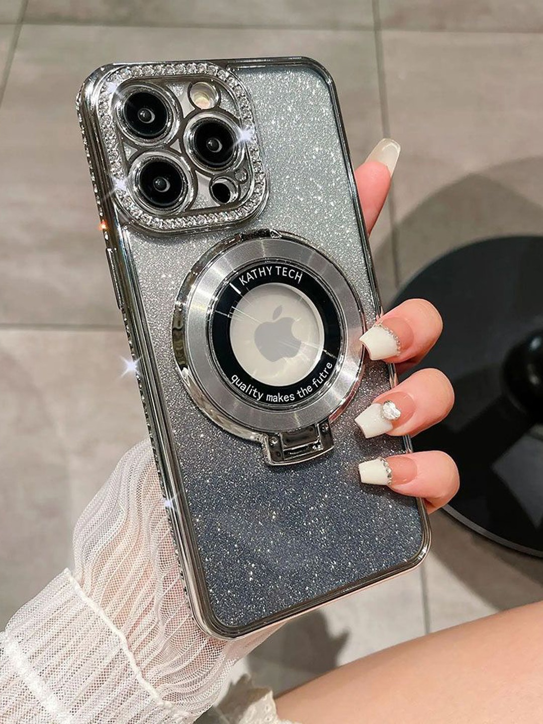 

Luxury Kase LK111 Glitter Diamond Bracket Magnetic Holder iPhone 12 Pro Max Back Case, Silver