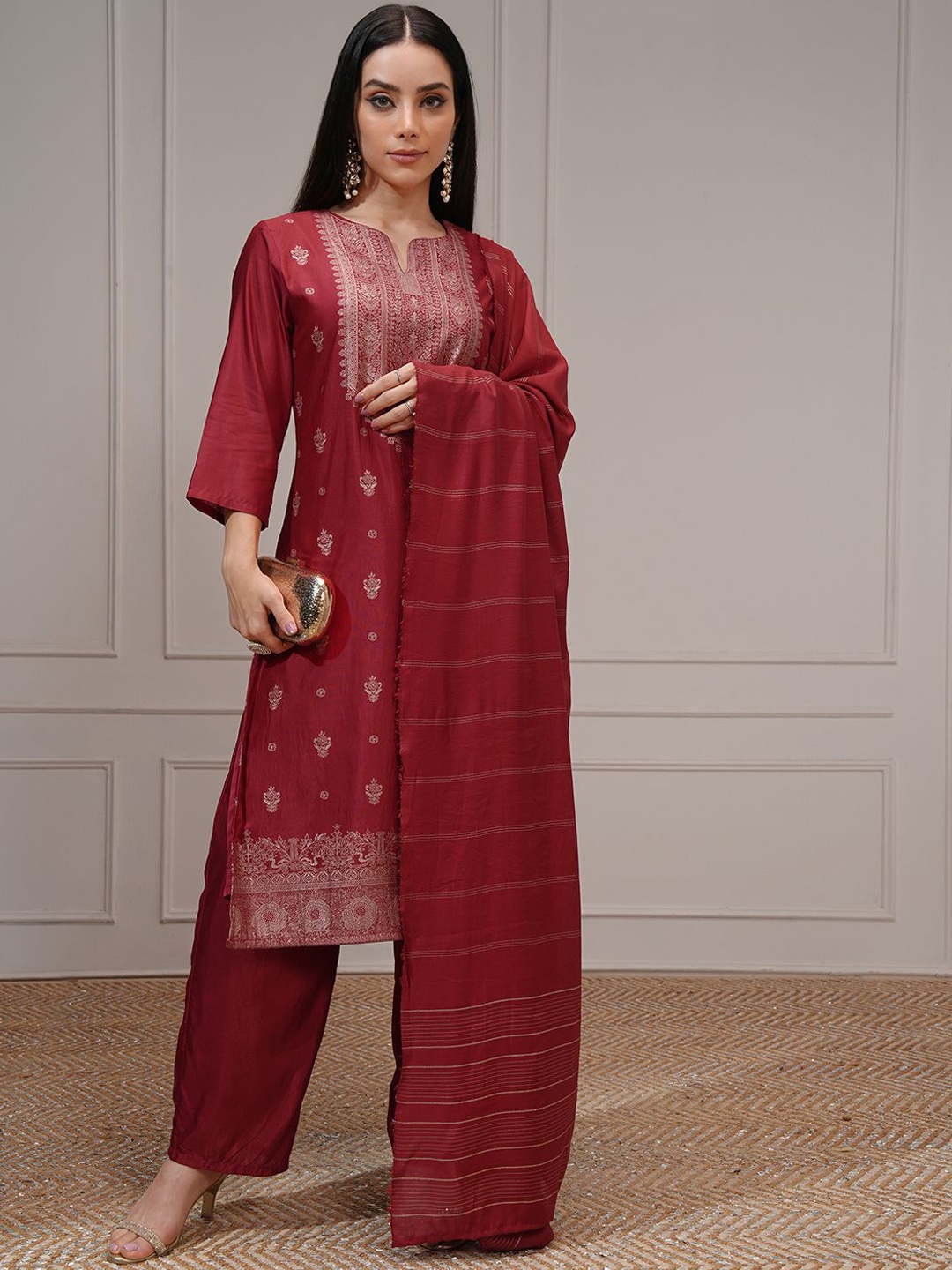 

Vishudh Women Straight Jacquard Kurta with Bottom and Dupatta, Red