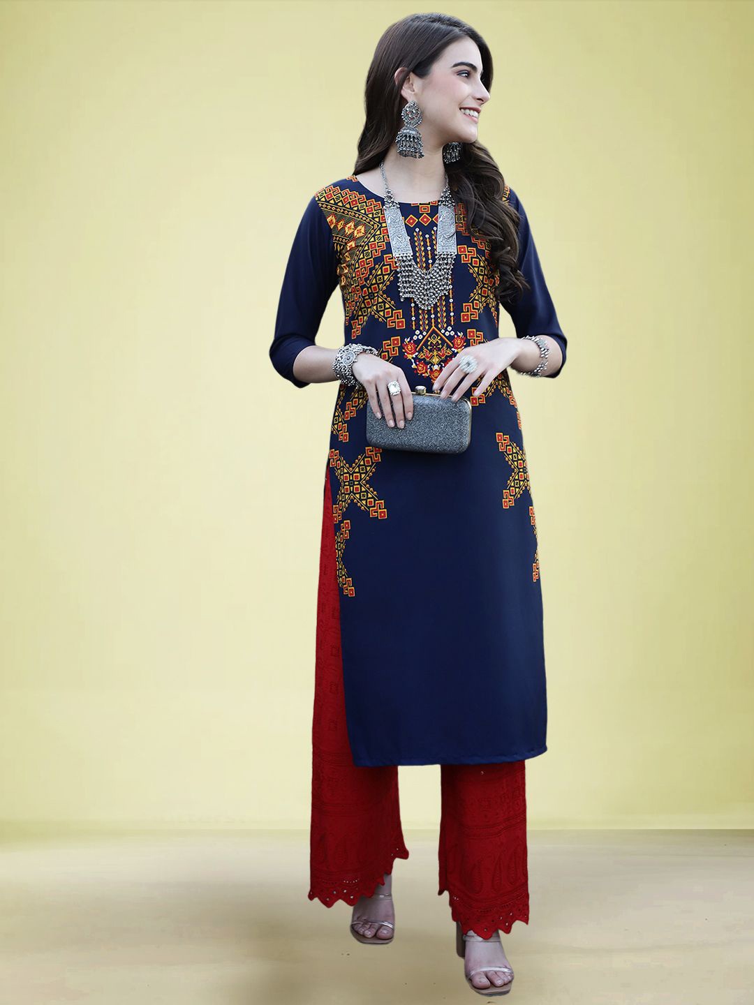 

Moda Rapido Geometric Printed Round Neck Straigt Kurta, Navy blue