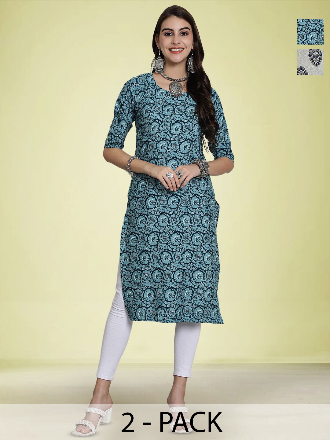 

Moda Rapido Selection Of 2 Floral Printed Round Neck Straight Kurtas, Green