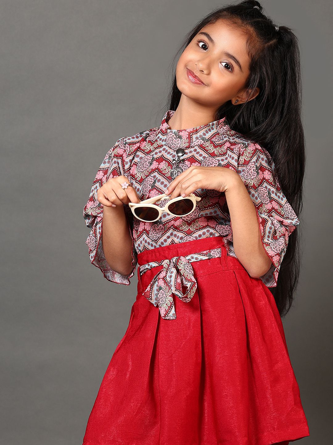 

V-Mart Girls Printed Georgette Top With Skirt, Maroon