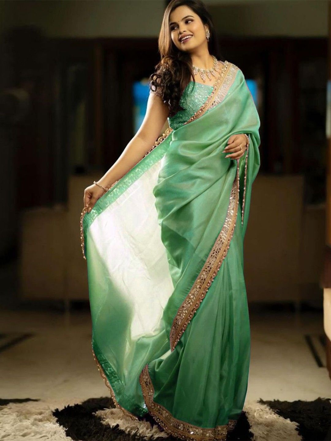 

Munir Mirror Work Tissue Saree, Green