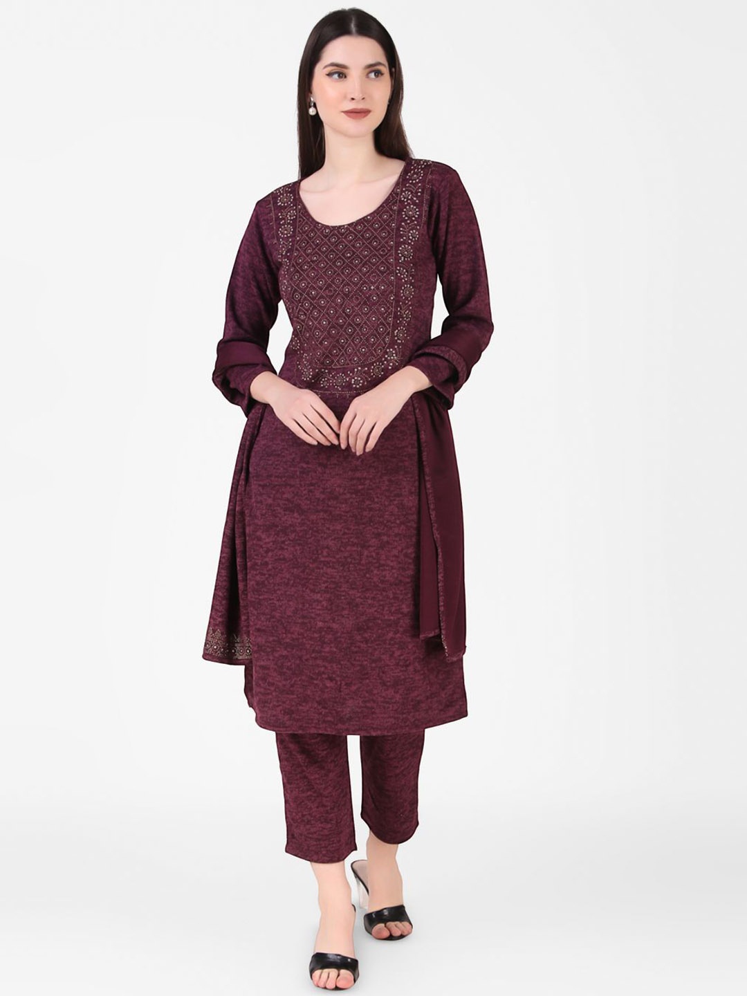 

FNOCKS Ethnic Motifs Embroidered Pure Wool Straight Kurta With Palazzos & Dupatta, Burgundy