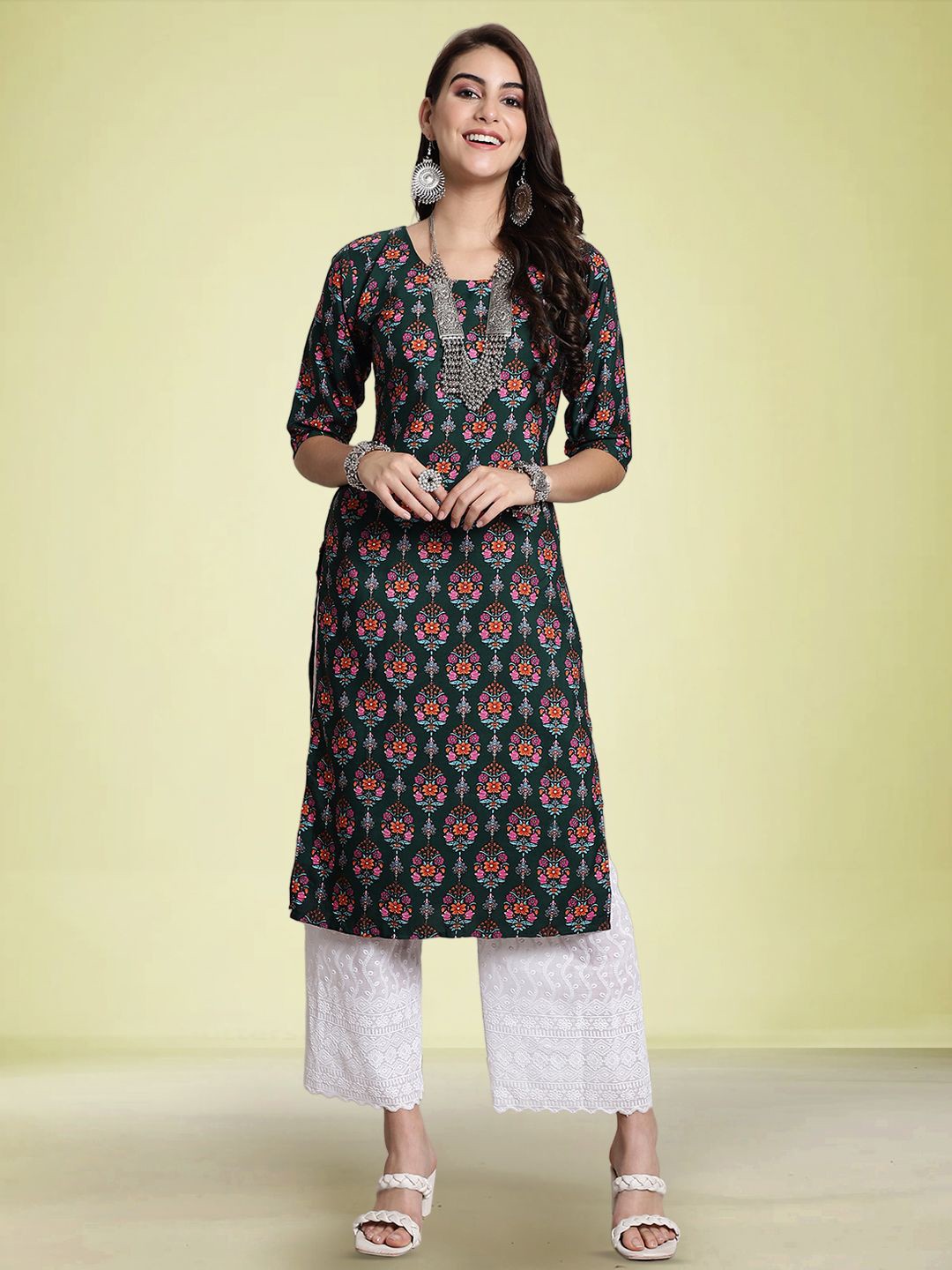 

Moda Rapido Ethnic Motifs Printed Round Neck Straight Kurta, Olive