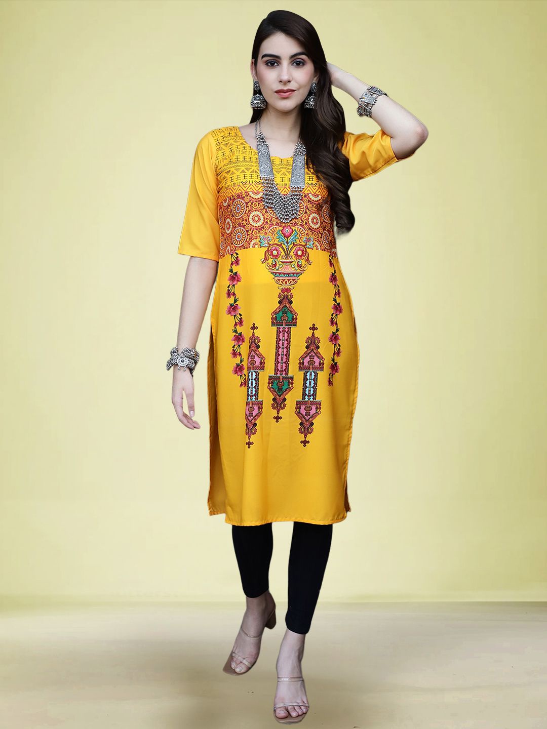 

Moda Rapido Ethnic Motifs Printed Round Neck Straight Kurta, Mustard