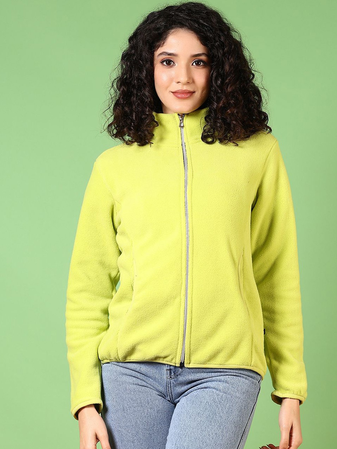 

V-Mart Women Mock Collar Solid Cotton Casual Bomber Jacket, Lime green