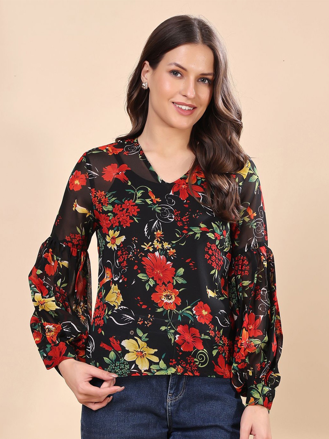 

Cation Floral Printed Georgette Top, Black